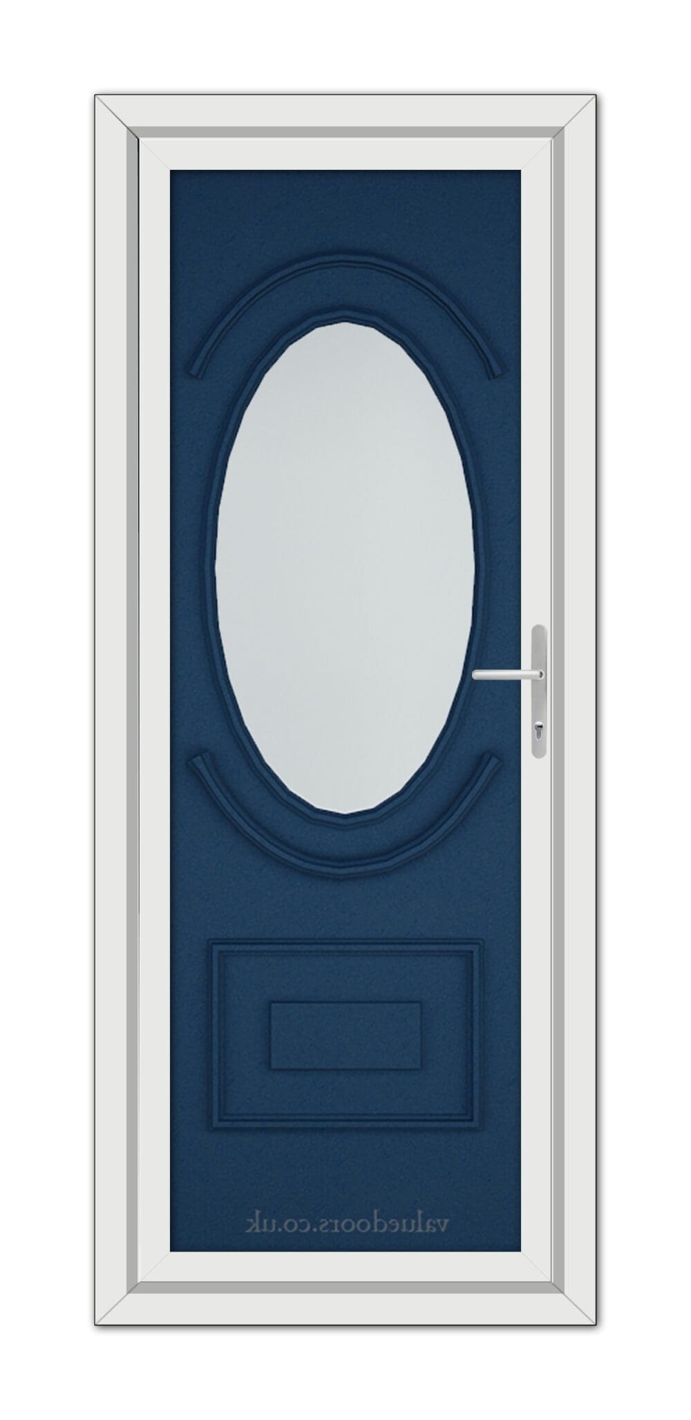 A vertical image of a closed, Blue Richmond uPVC Door with an oval window, set within a white frame, viewed from the front.