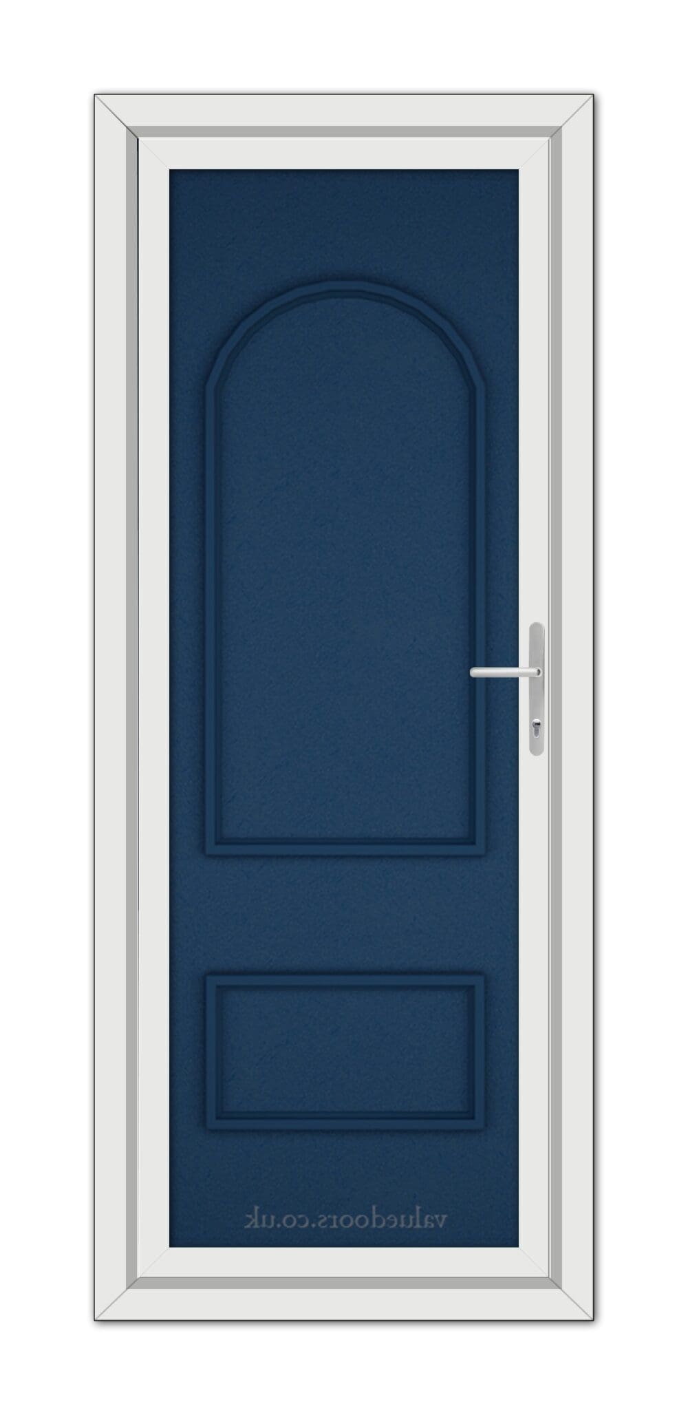 A closed Blue Rockingham Solid uPVC door with an arched top and two panels, set in a white frame, featuring a silver handle on the right side.