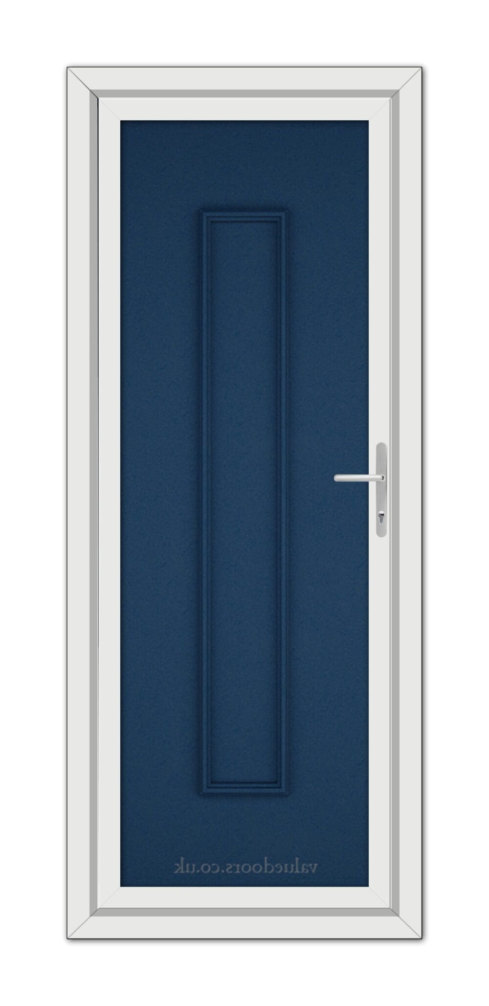 A vertical image of a closed Blue Rome Solid uPVC door within a white frame, featuring a slim rectangular panel and a metal handle on the right side.