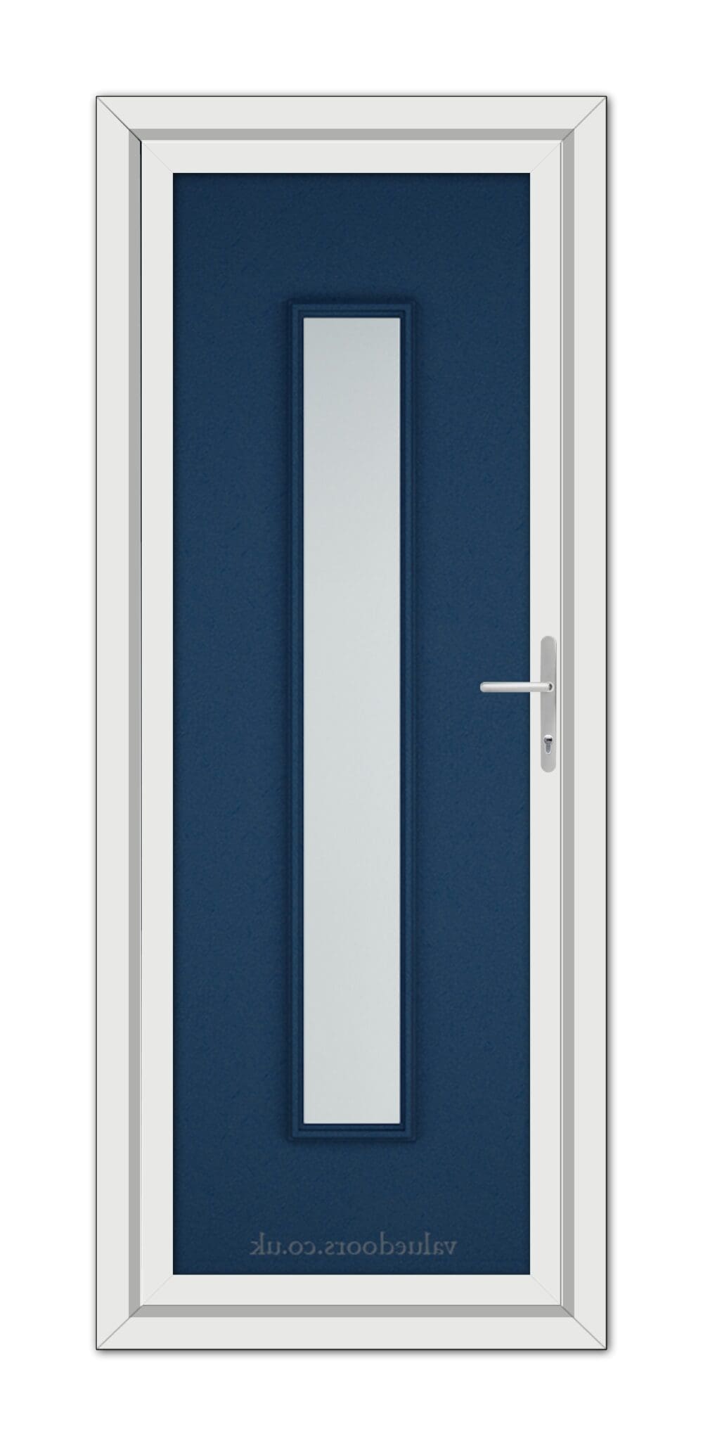 Modern Blue Rome uPVC Door with a vertical glass panel and a silver handle, set in a white frame.