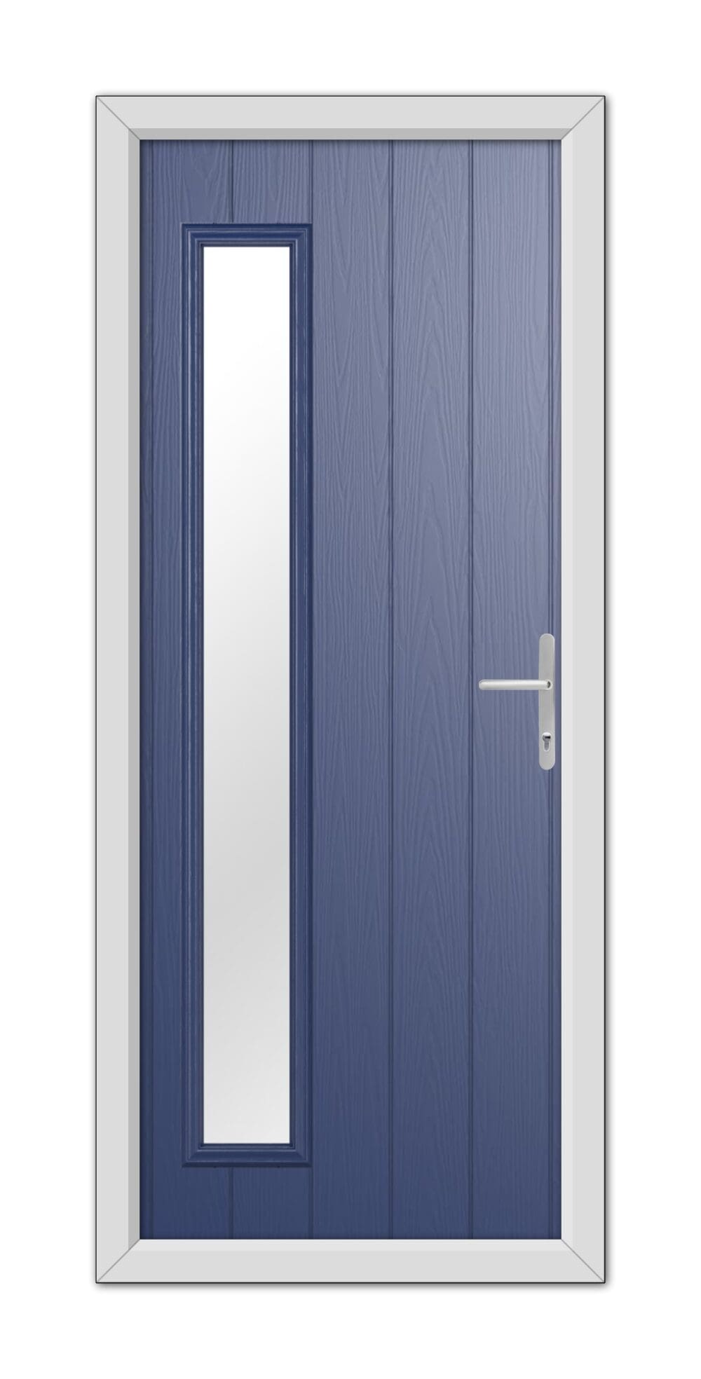 A Blue Sutherland Composite Door 48mm Timber Core with a vertical rectangular window and a silver handle, set within a white frame.