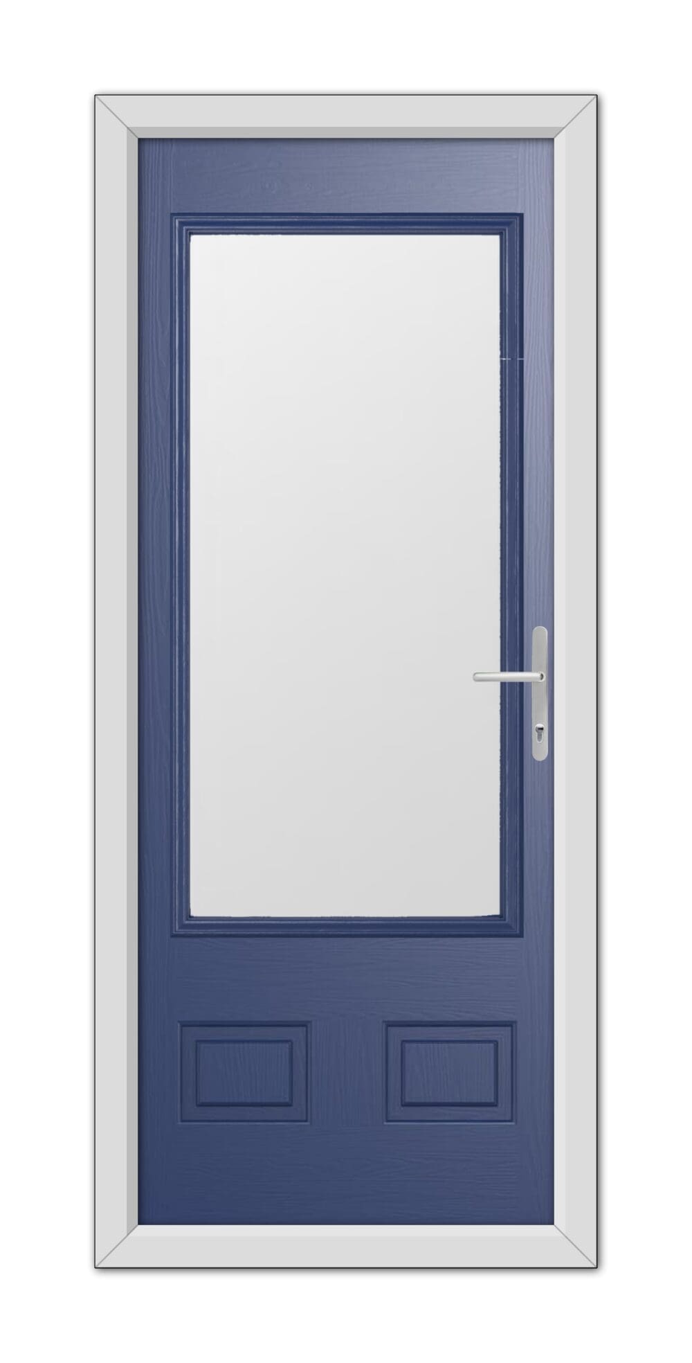 A Blue Walcot Composite Door 48mm Timber Core with a white frame, featuring a large central panel, two smaller bottom panels, and a metallic handle on the right.