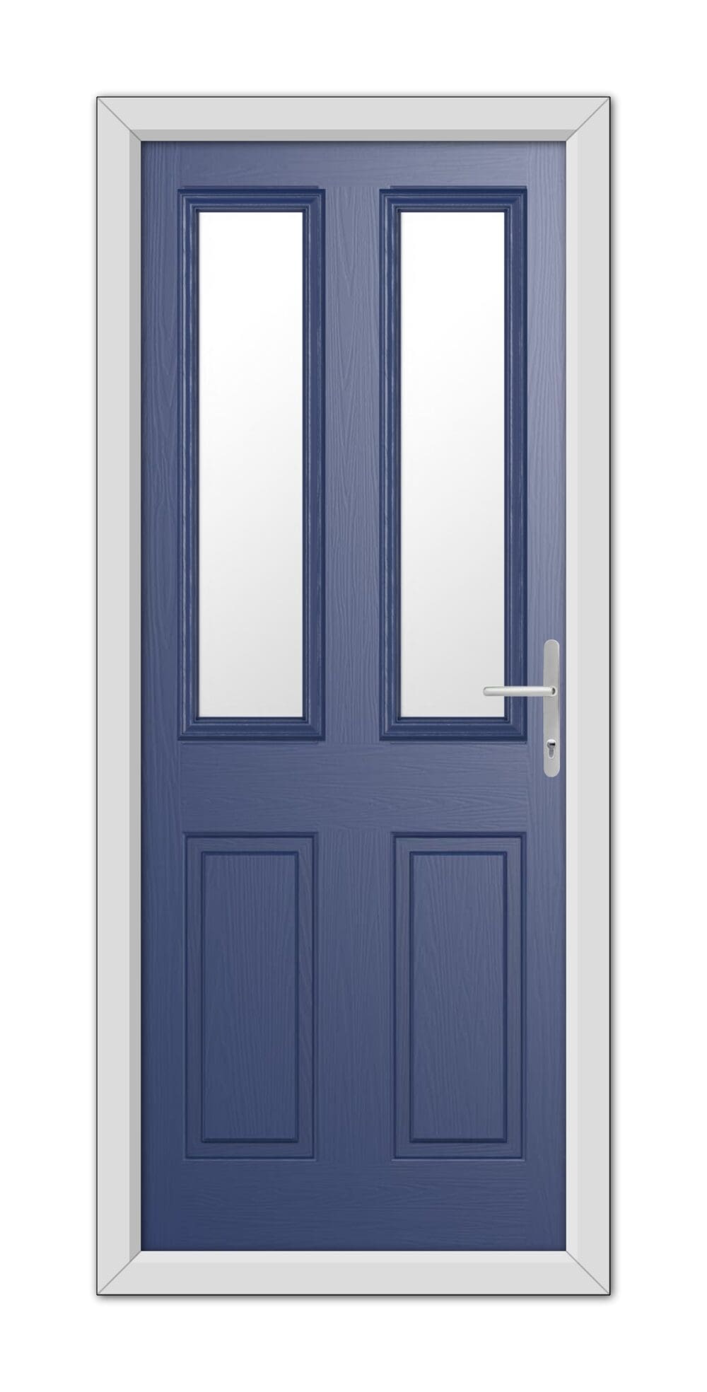 Double Blue Whitmore Composite Doors with rectangular windows and a modern white handle, set within a white frame, isolated on a white background.