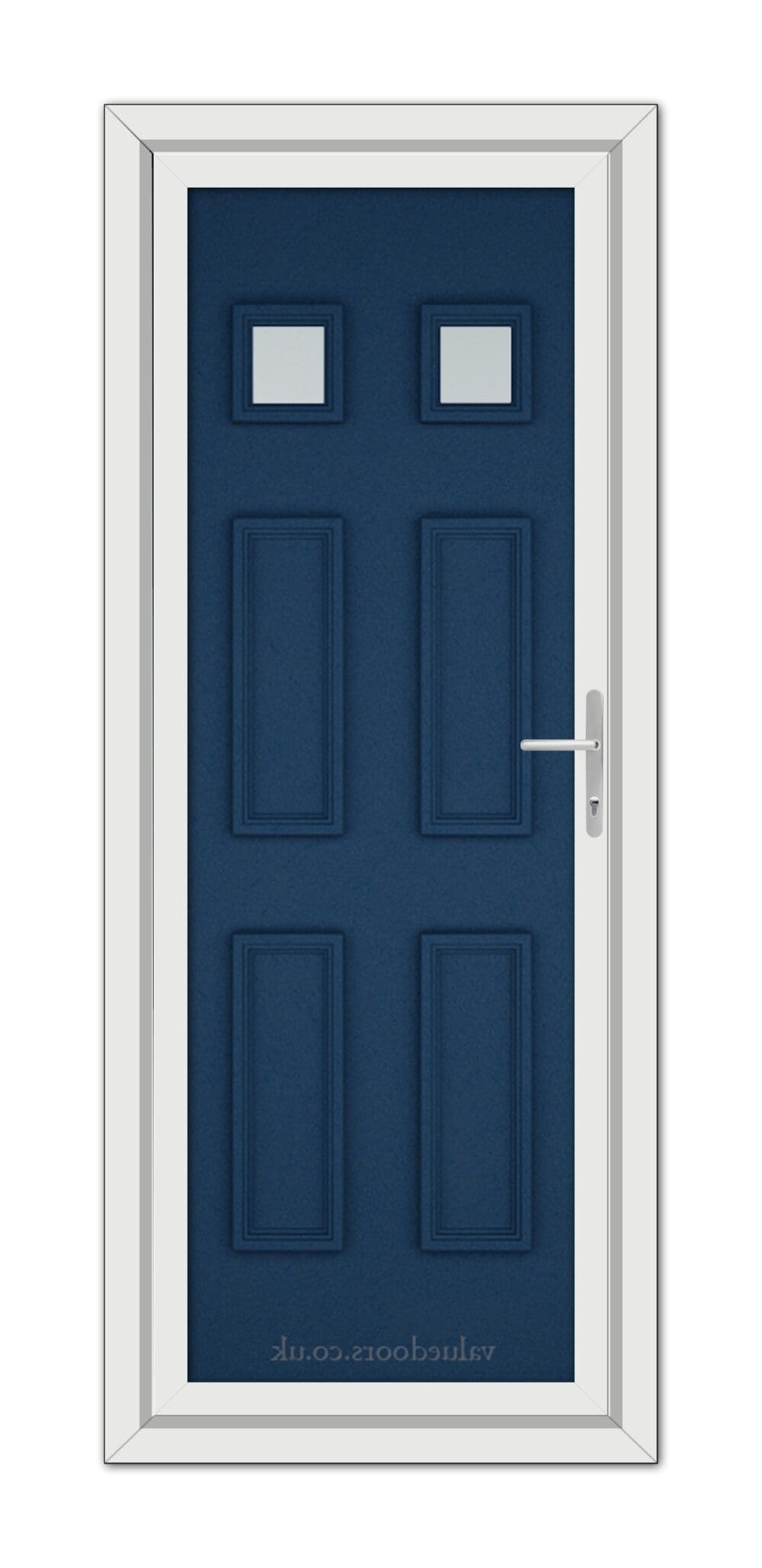 A modern Blue Windsor uPVC Door with two small rectangular windows at the top and a silver handle, set within a white door frame.