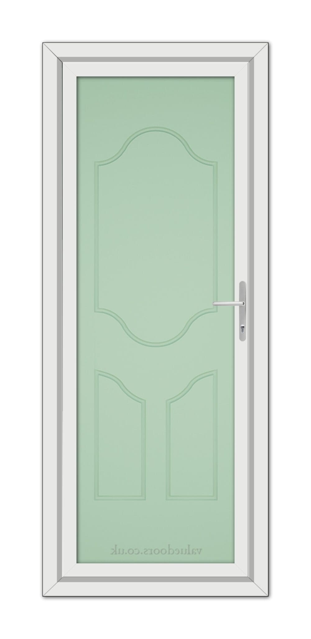 A white Chartwell Green Althorpe Solid uPVC Door with a green door handle.