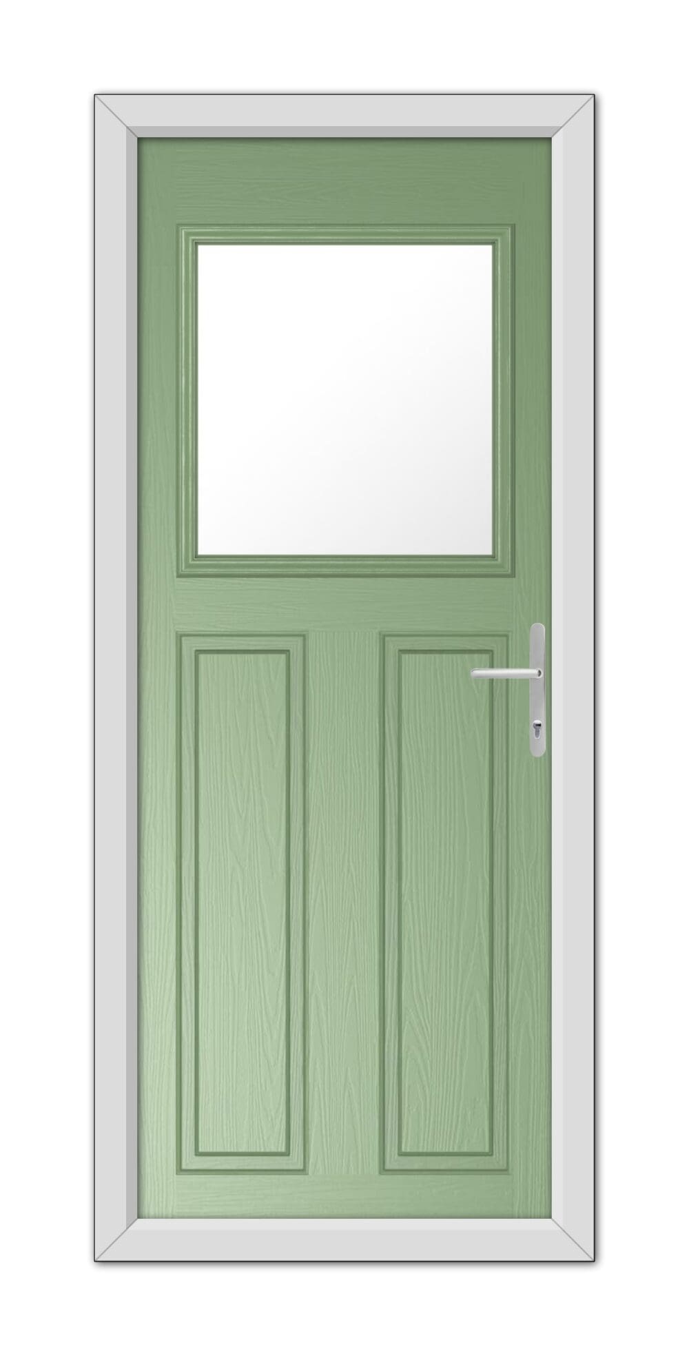 A Chartwell Green Axwell Composite Door 48mm Timber Core with a top window and a metal handle, set within a white frame.