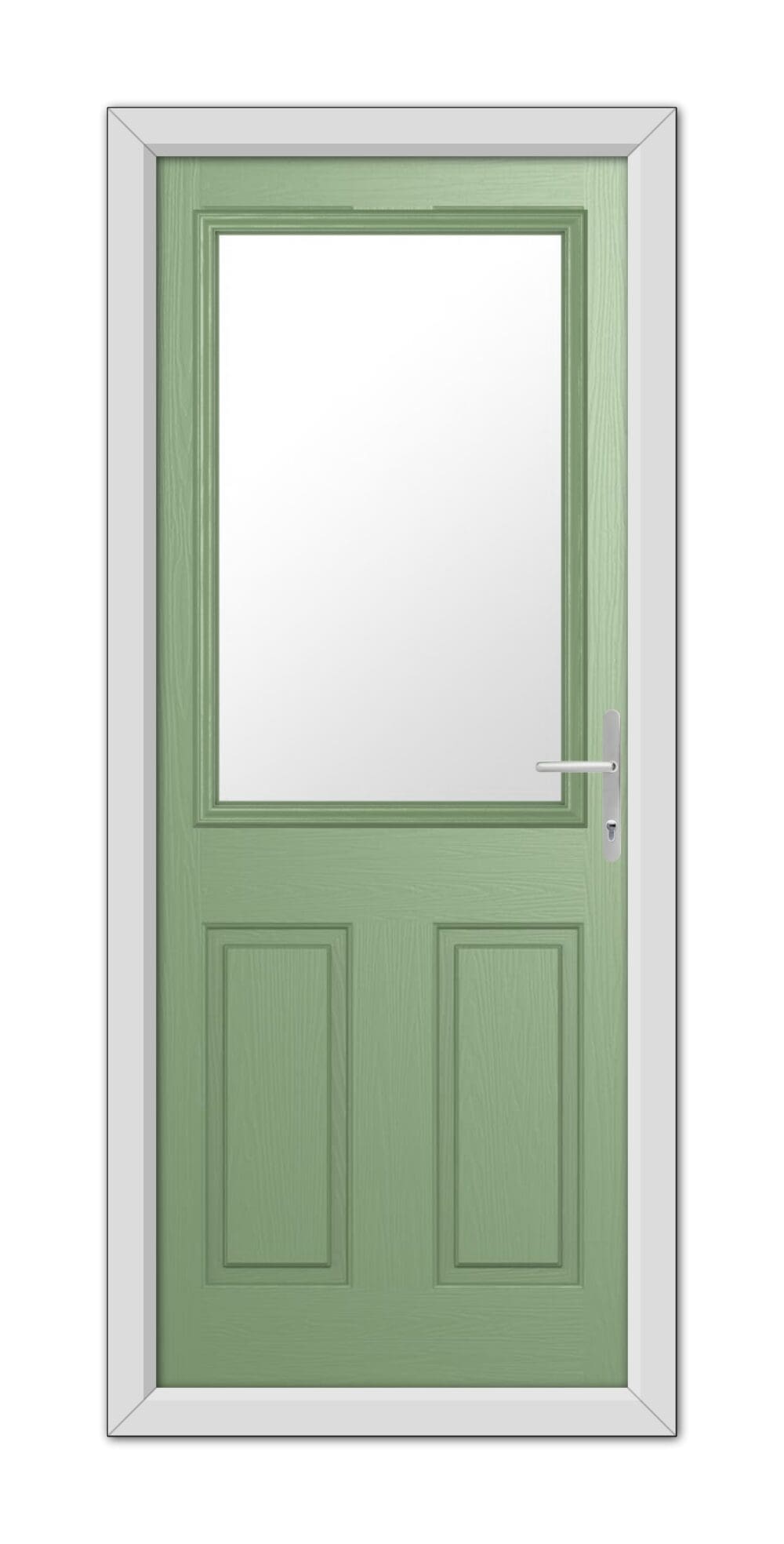 A Chartwell Green Buxton Composite Door with a clear rectangular pane of glass at the top, framed in a white doorframe, featuring a silver handle on the right side.