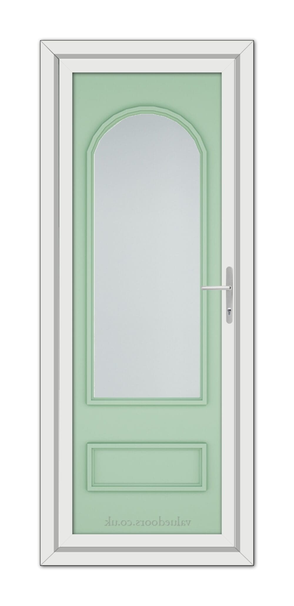 A Chartwell Green Canterbury uPVC door with a vertical arched window and a metal handle, set in a white door frame.