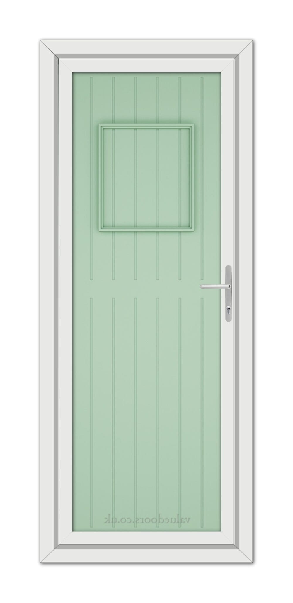 A Chartwell Green Chatsworth Solid uPVC door with a rectangular window and a silver handle, set within a white frame.