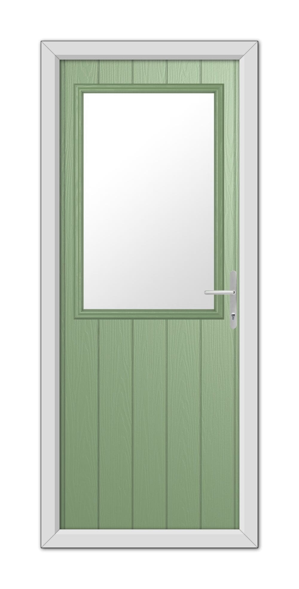 A Chartwell Green Clifton Composite Door 48mm Timber Core with a square window, set within a white frame, featuring a metallic handle on the right side.