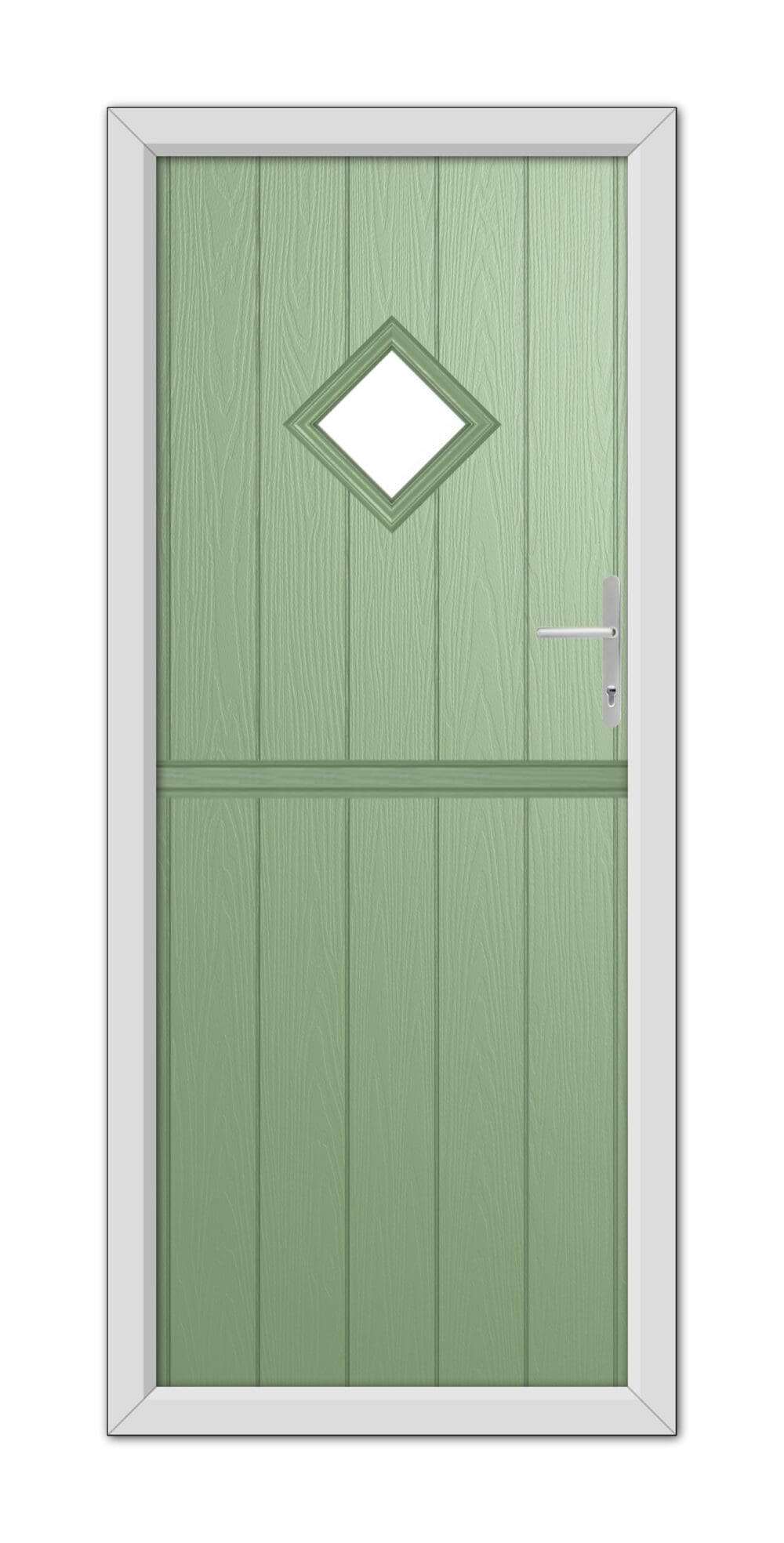 A modern Chartwell Green Cornwall Stable Composite Door featuring a diamond-shaped window at the top and a metallic handle on the right.