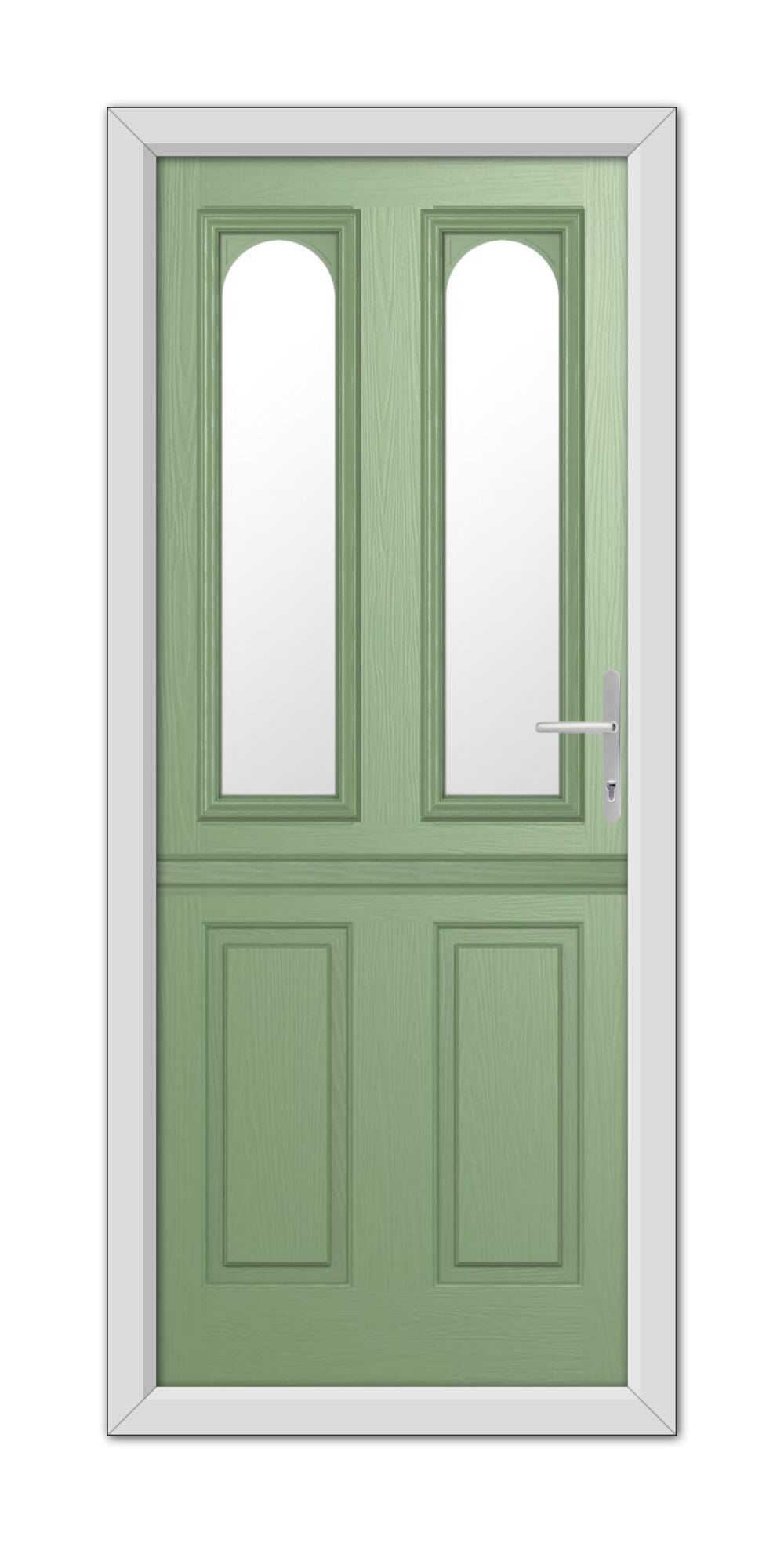 A Chartwell Green Elmhurst Stable Composite Door with rectangular glass windows on the top half and solid panels on the bottom, framed in white.