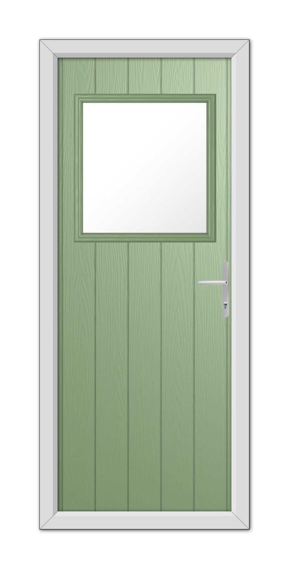 A Chartwell Green Fife Composite Door 48mm Timber Core with a rectangular glass window at the top, framed in white, featuring a modern handle on the right side.