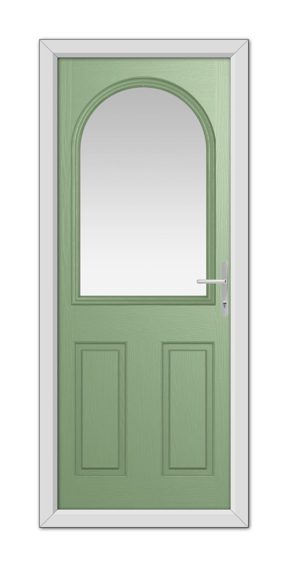 A Chartwell Green Grafton Composite Door 48mm Timber Core with a large arched window and a modern handle, set within a white frame.