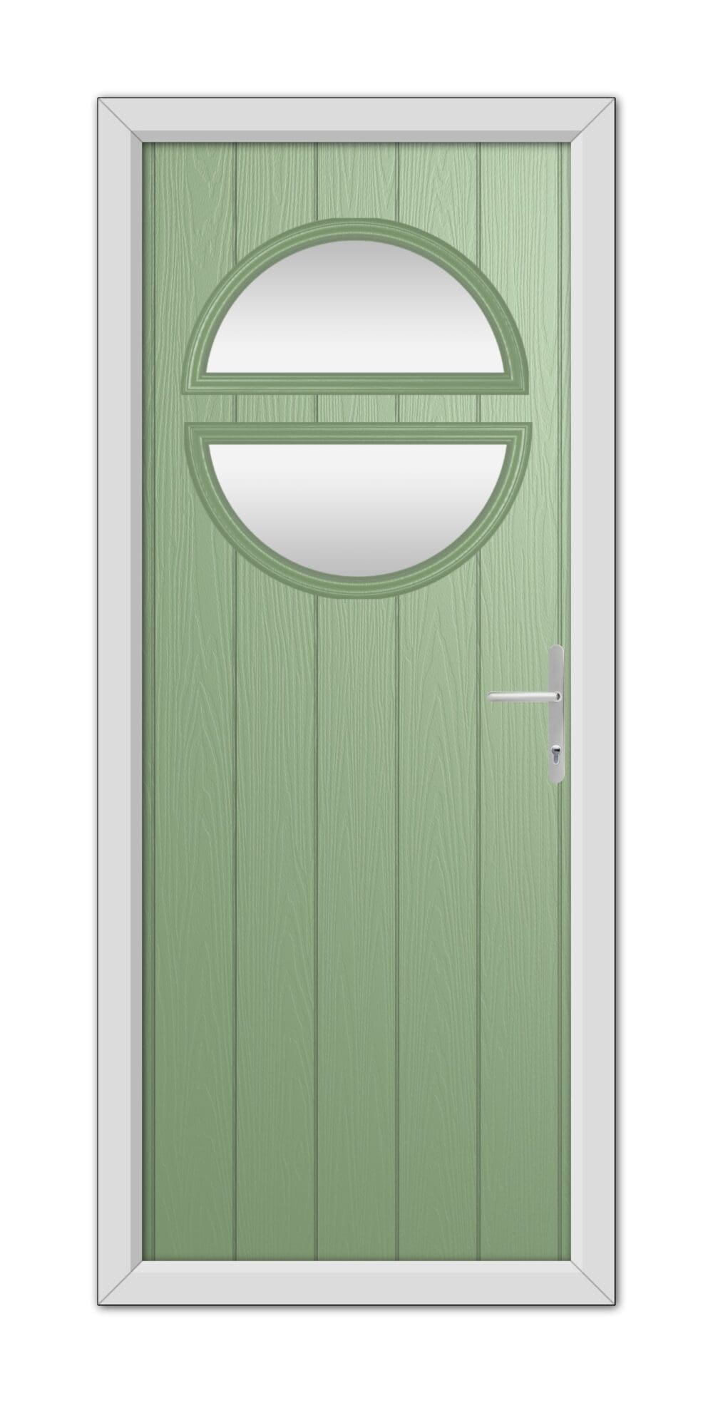 A Chartwell Green Kent Composite Door 48mm Timber Core with a horizontal oval glass window and a modern handle, framed in white.