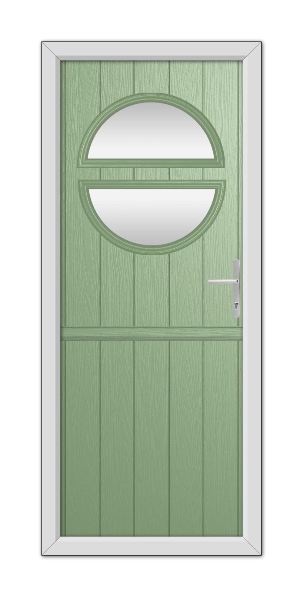 A Chartwell Green Kent Stable Composite Door with an oval glass window on the upper half and a metallic handle on the right side, set within a gray frame.