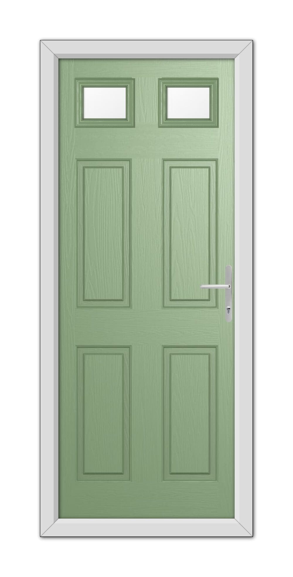 A Chartwell Green Middleton Glazed 2 Composite Door 48mm Timber Core with four square panels and three rectangular glass windows set in a white frame, featuring a modern handle.