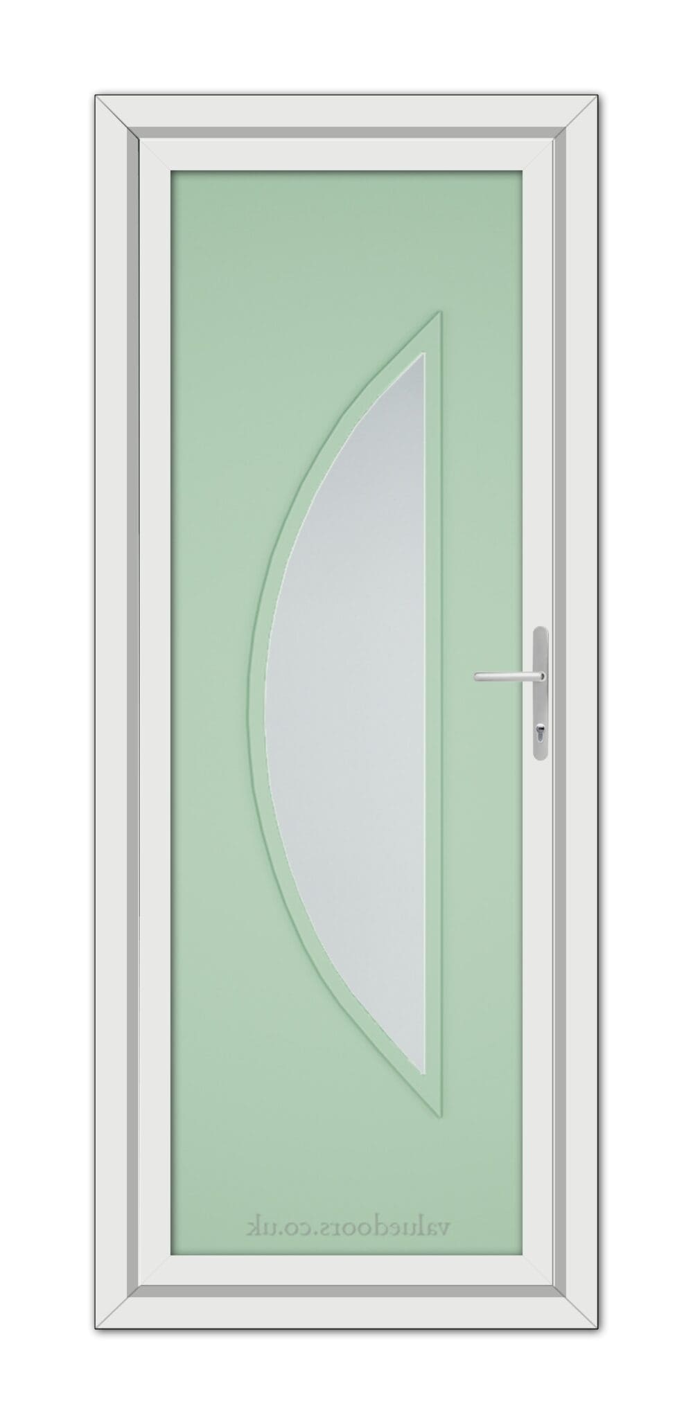 A Chartwell Green Modern 5051 uPVC Door featuring a pastel green panel with an asymmetrical frosted glass window on the left side, enclosed in a white frame.