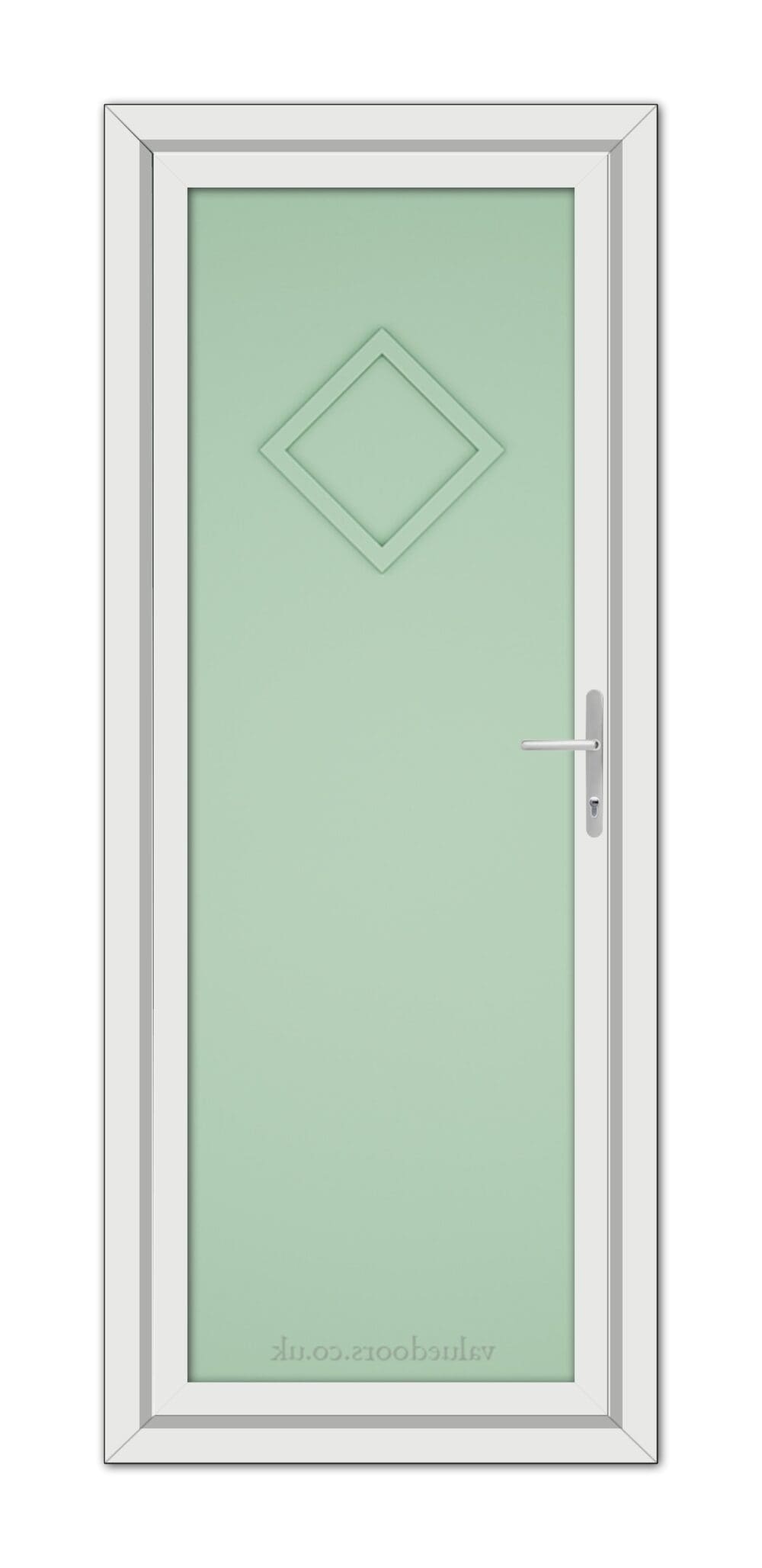 A Chartwell Green Modern 5131 Solid uPVC Door with a diamond-shaped window and a silver handle, set within a white frame.