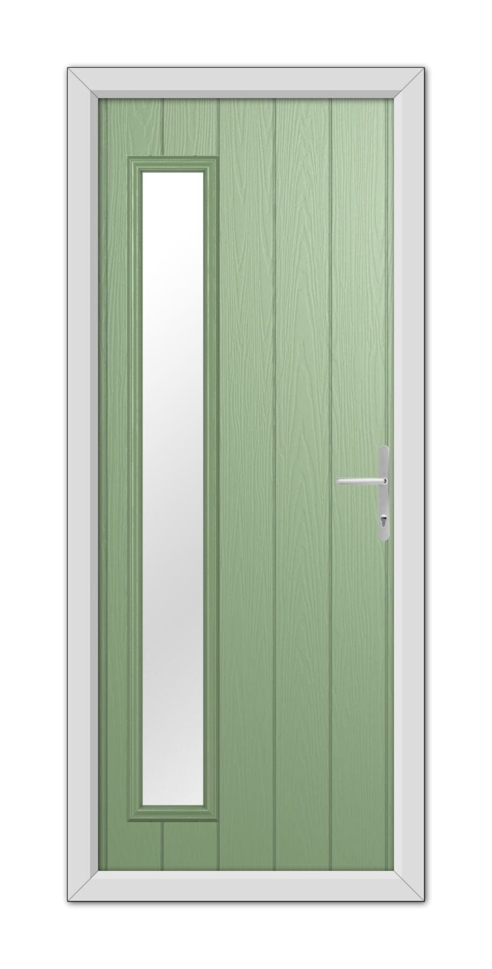 A Chartwell Green Sutherland Composite Door with a vertical rectangular window on the left and a metal handle on the right, framed within a white door frame.