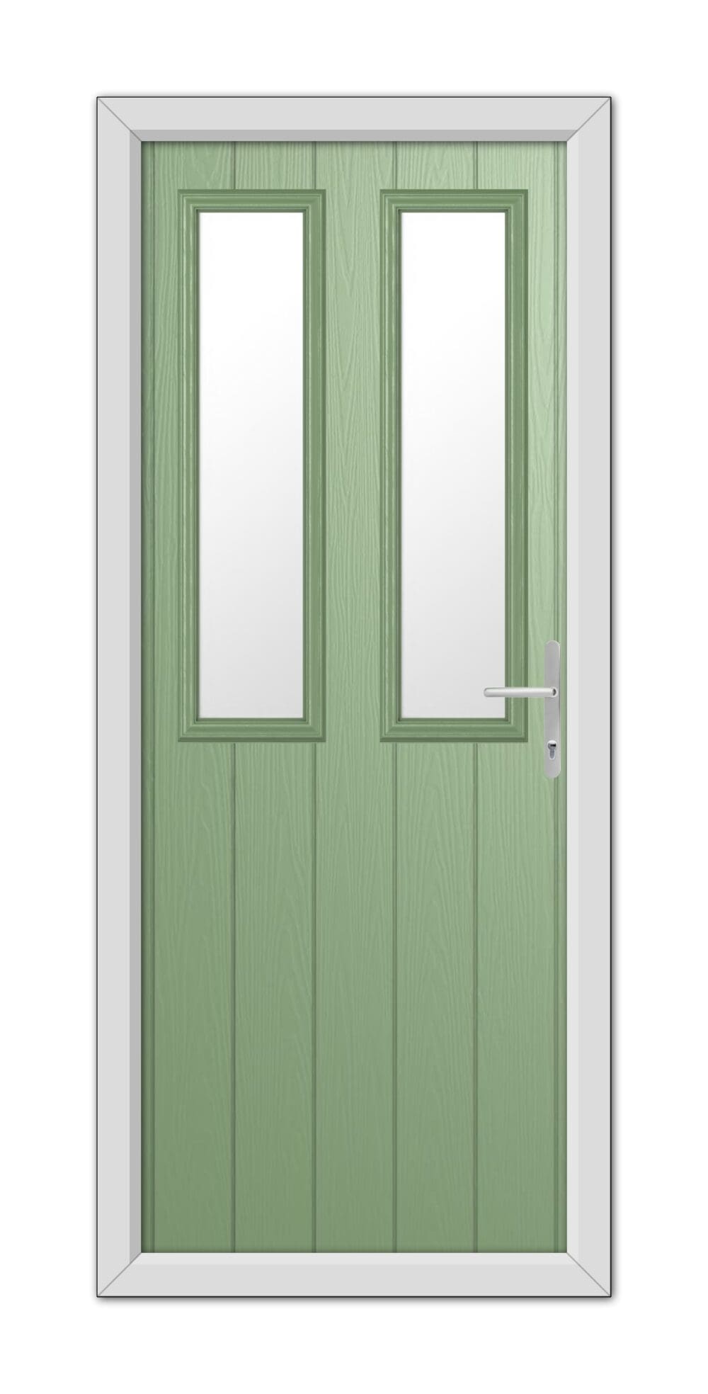 A modern Chartwell Green Wellington Composite Door with rectangular windows and a silver handle, set in a white frame.