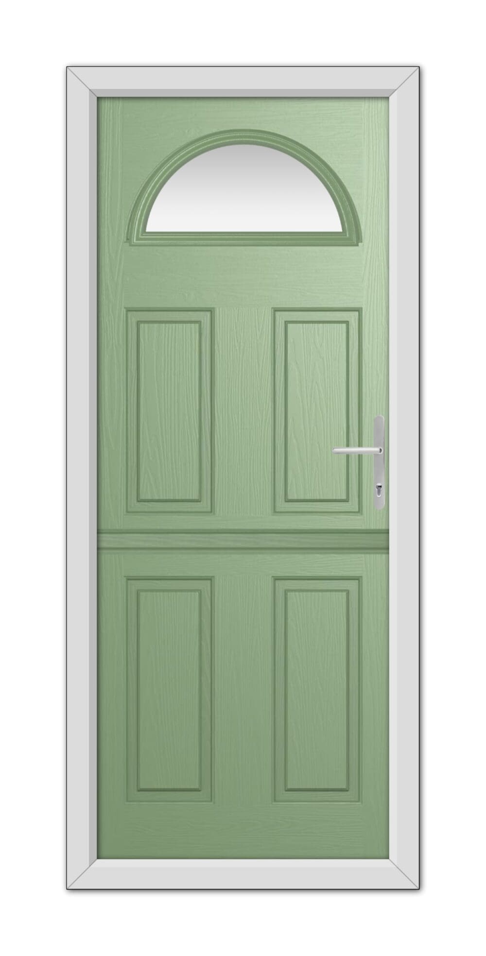 A Chartwell Green Winslow 1 Stable Composite Door with an arched window at the top, set in a white frame, equipped with a modern silver handle.