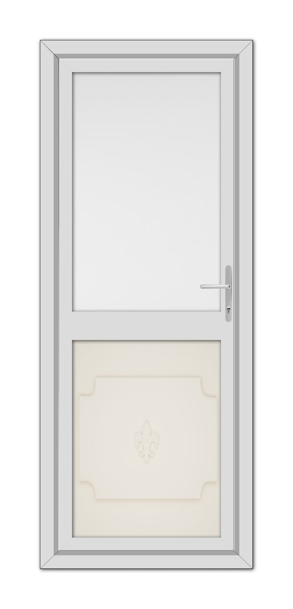 A Cream Abbey Half uPVC Back Door with a top window, a panel with decorative relief below it, and a metallic handle on the right, set within a simple frame.