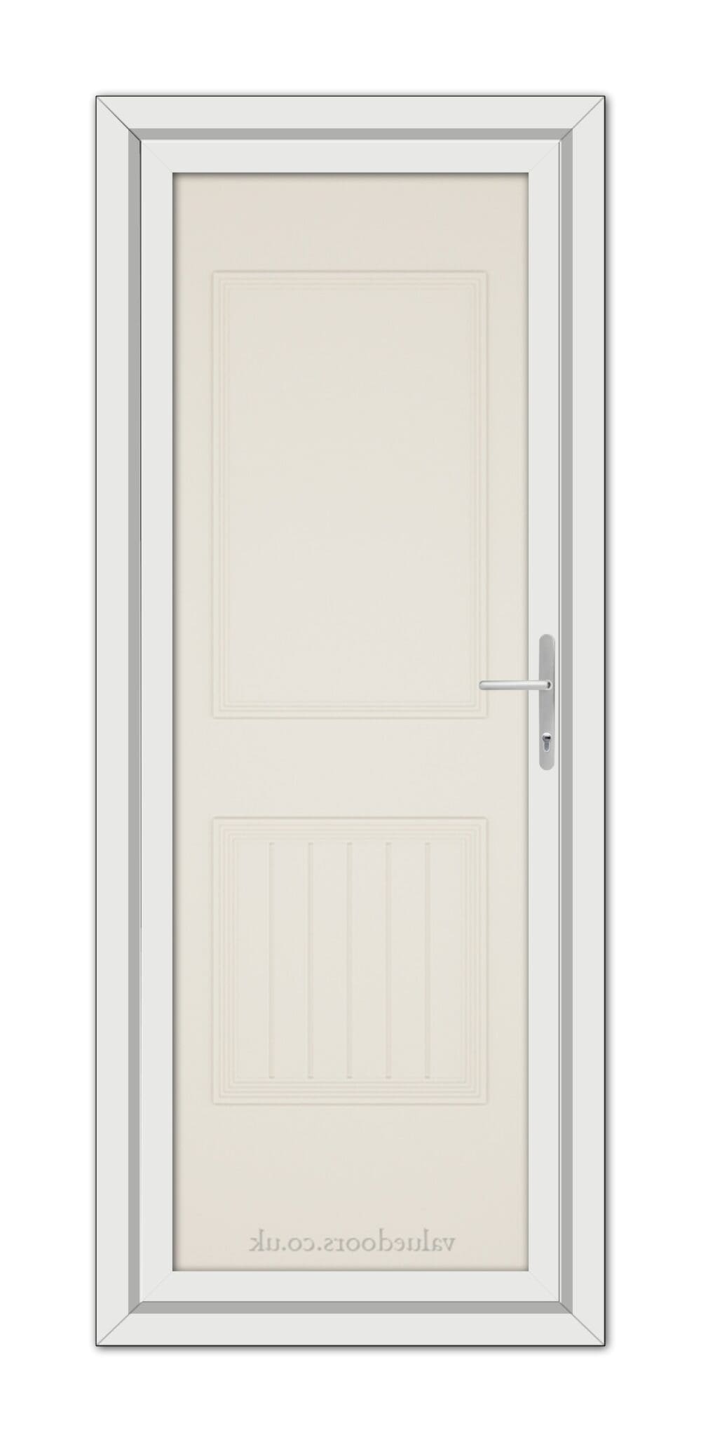 A vertical image of a closed Cream Alnwick One Solid uPVC Door with a silver handle, set within a gray frame, viewed from the front.