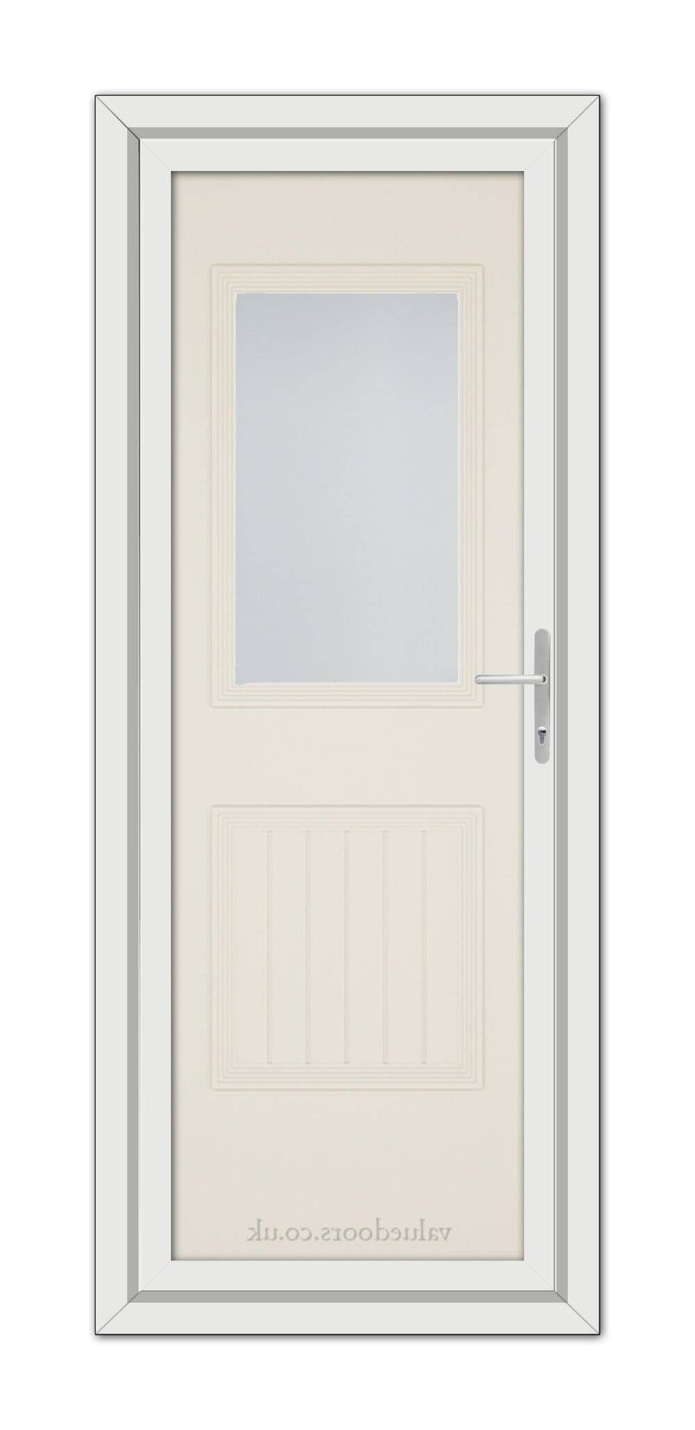 A vertical image of a closed Cream Alnwick One uPVC Door with a rectangular frosted glass panel near the top and a silver handle on the right side.