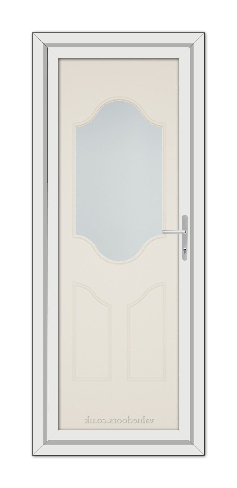 A vertical image of a Cream Althorpe One uPVC Door with an oval glass window in the upper half and decorative panels at the bottom, set within a grey frame.