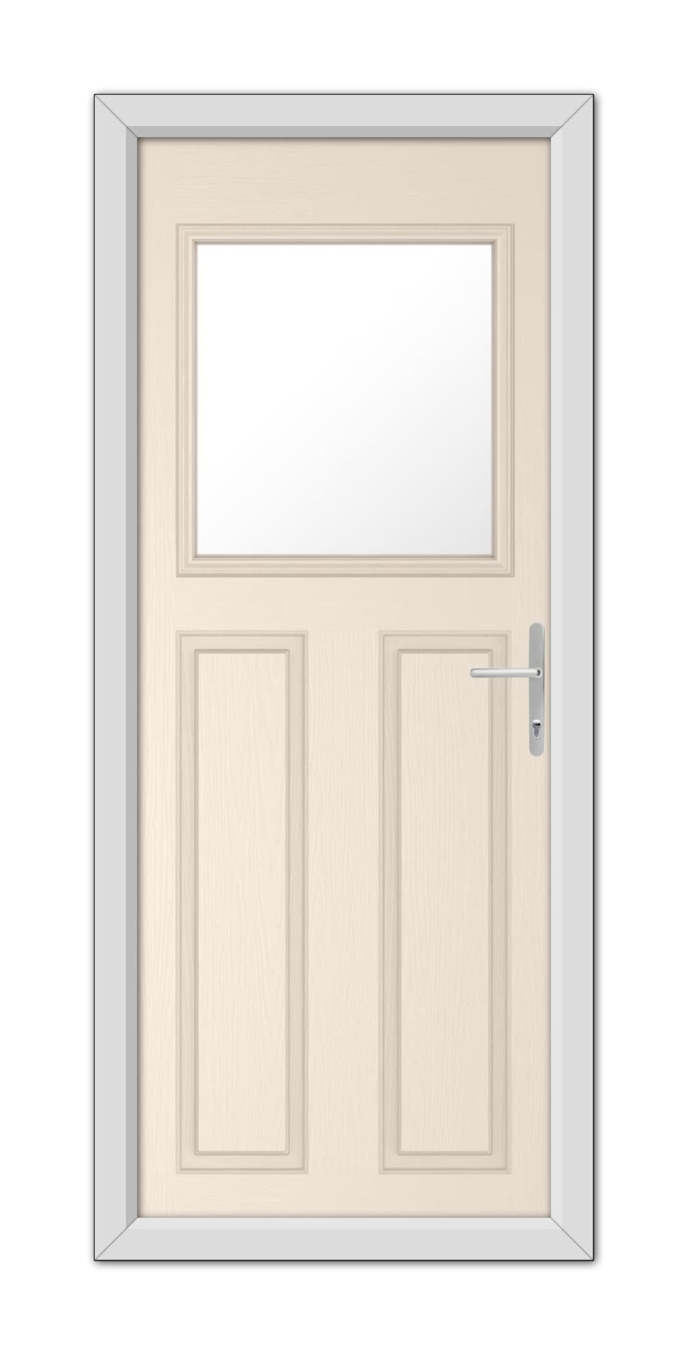 A Cream Axwell Composite Door 48mm Timber Core with a light wood finish, featuring a small rectangular window at the top and a metal handle on the right side, set within a gray frame.