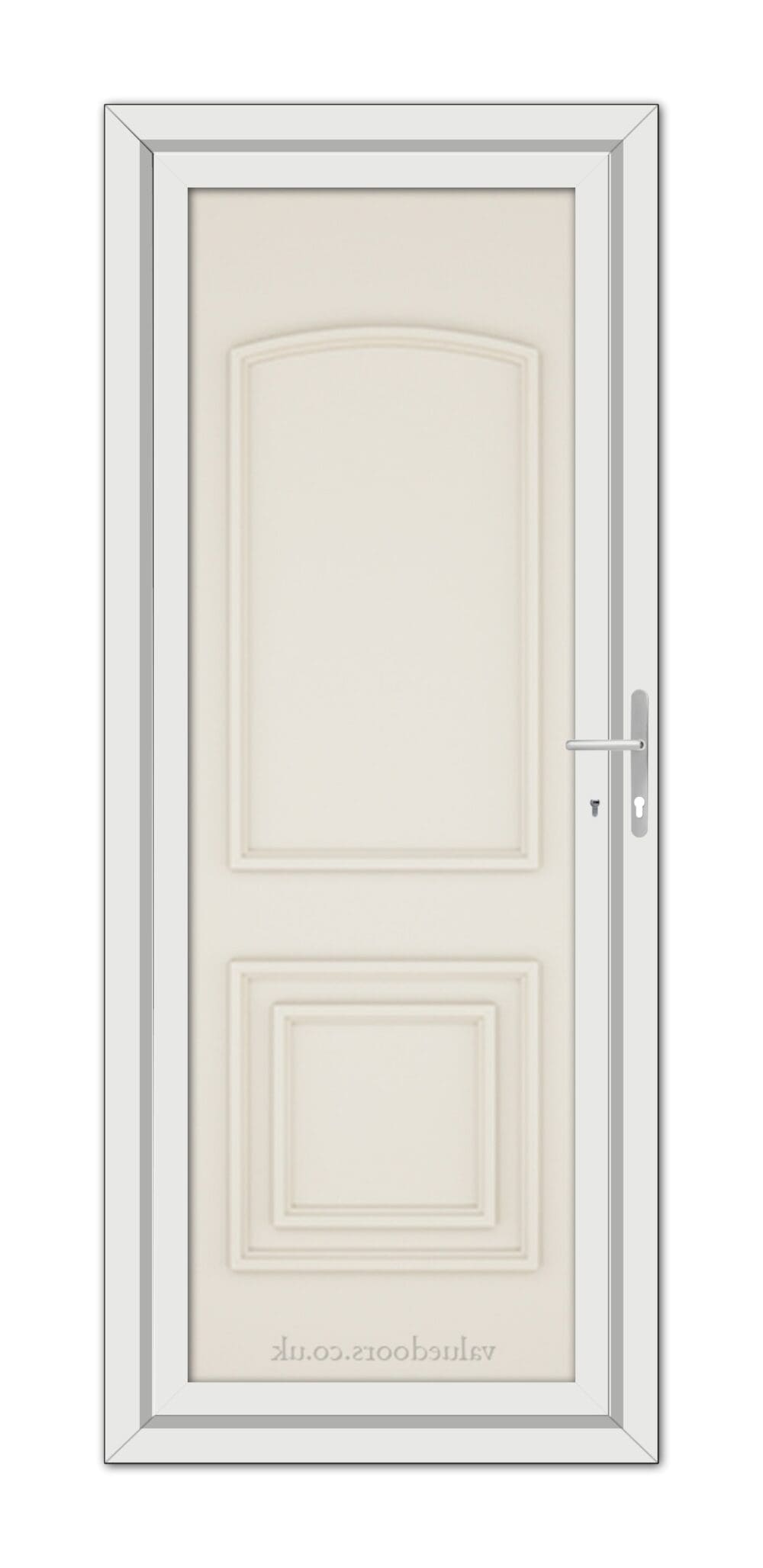 A vertical image of a closed Cream Balmoral Classic Solid uPVC Door with two panels, framed by a white door frame, and featuring a silver handle on the right side.