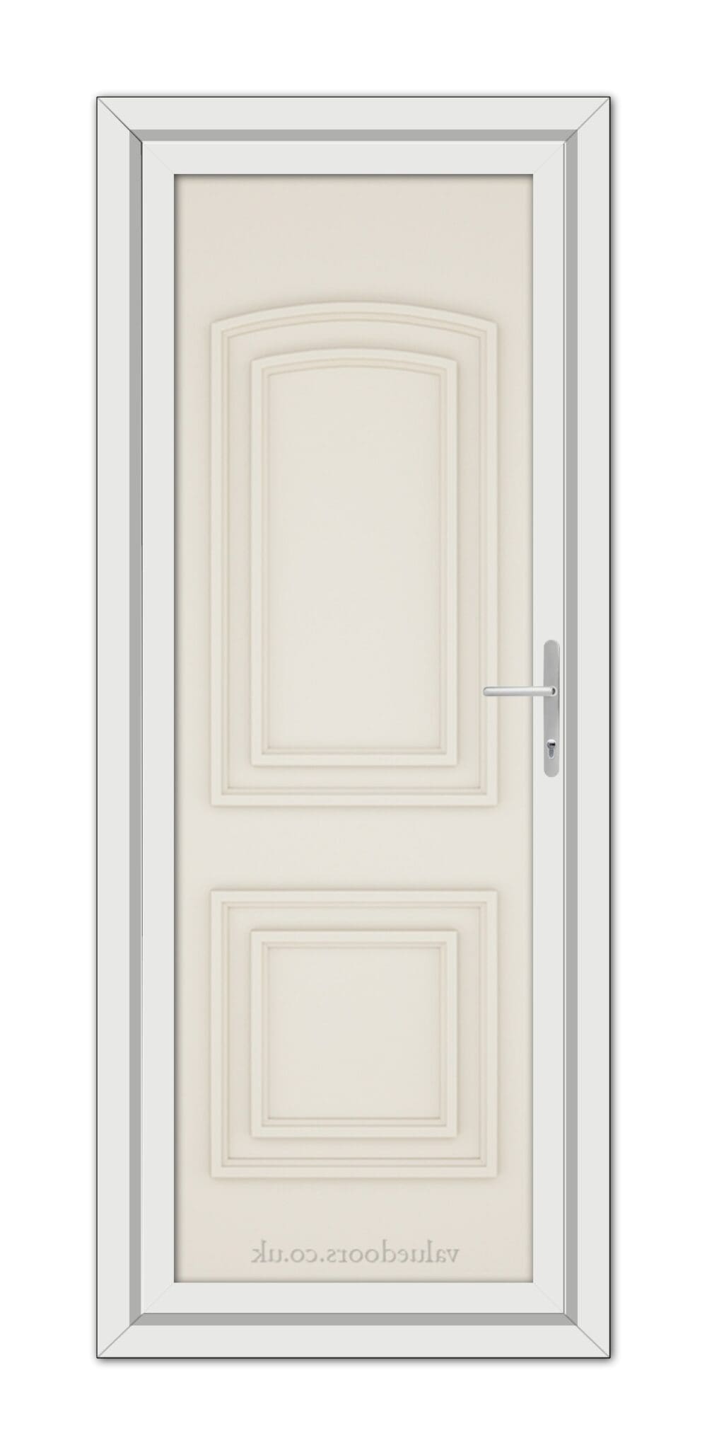 A vertical image of a closed, Cream Balmoral Solid uPVC Door with a silver handle and a rectangular frame, isolated on a white background.