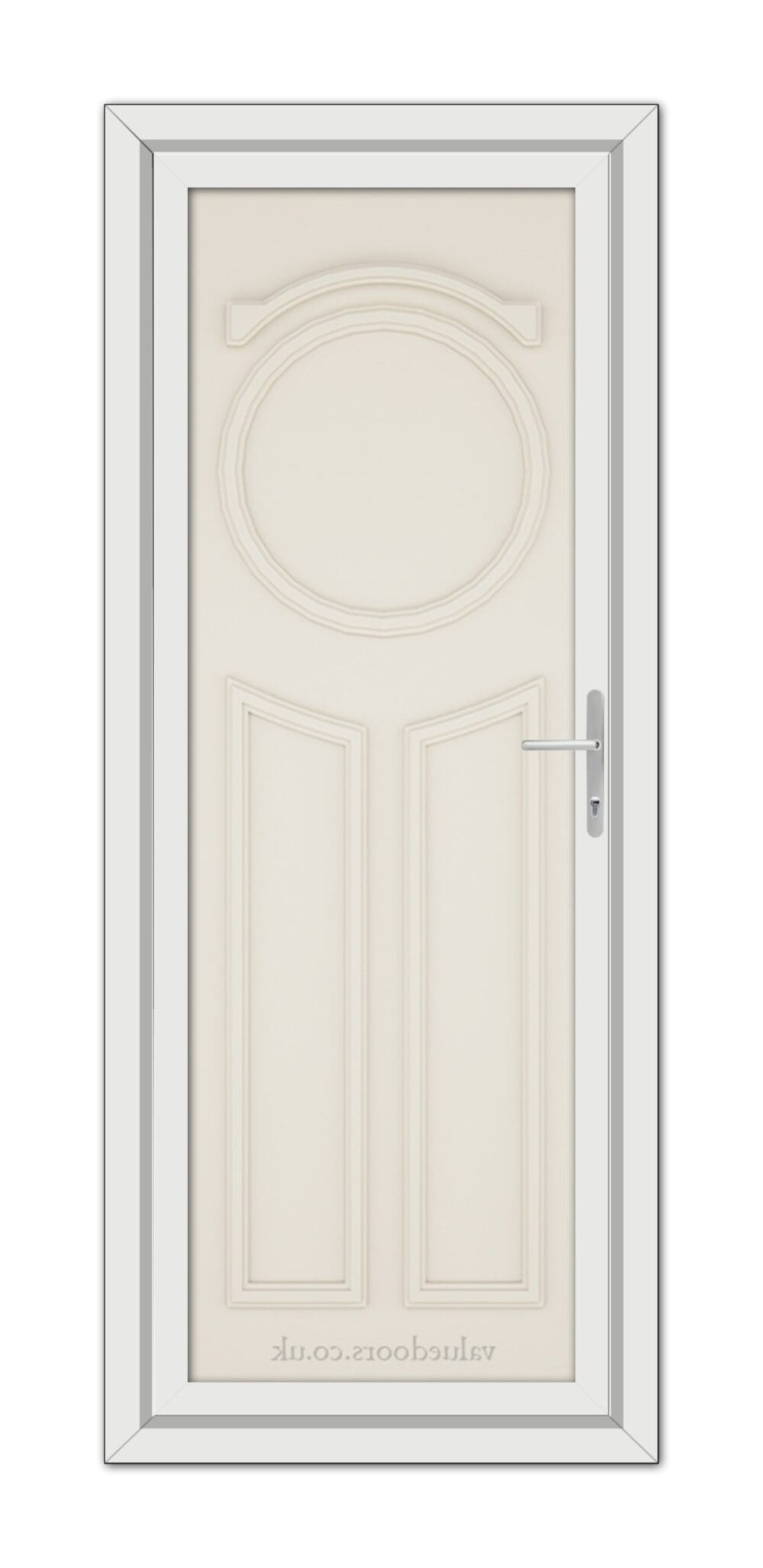 A vertical image of a Cream Blenheim Solid uPVC Door with a round window at the top and a metallic handle on the right side.