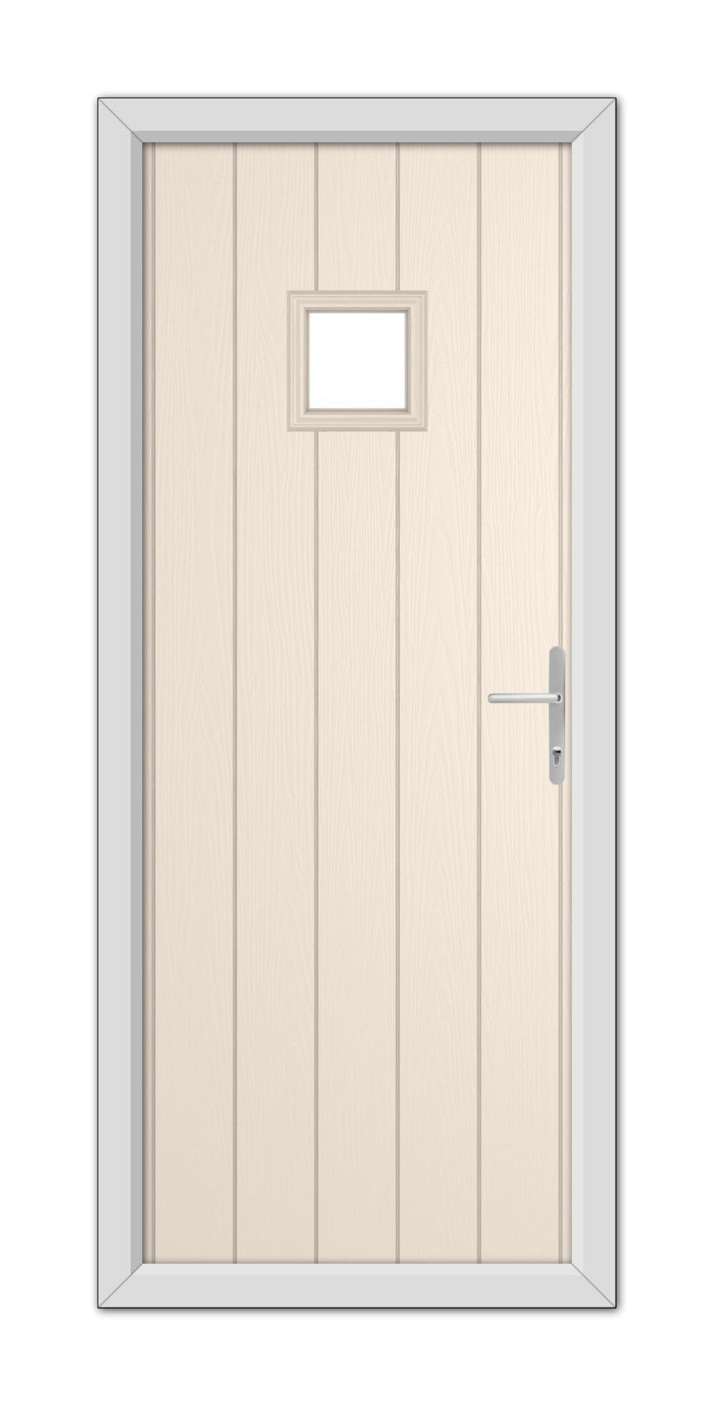 Cream Brampton Composite Door 48mm Timber Core with a metal handle and small rectangular window, set within a gray frame.