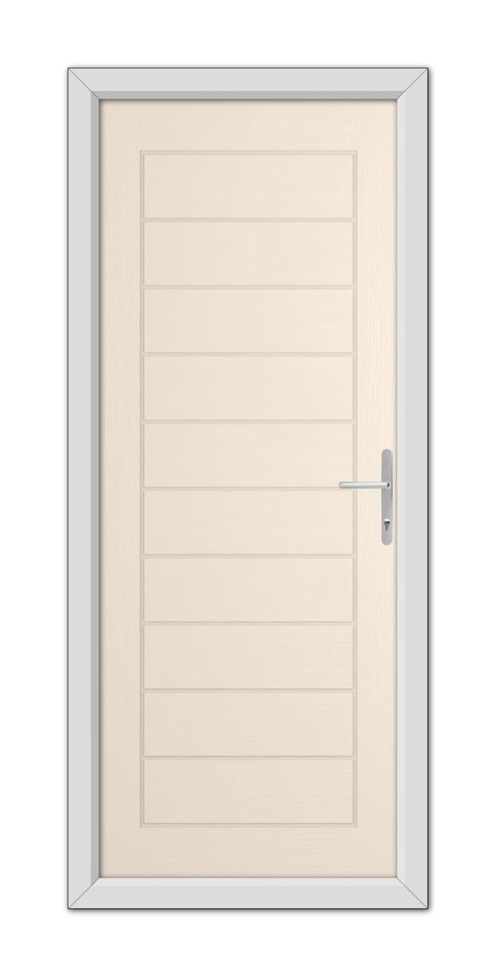 A modern Cream Cambridge Composite Door 48mm Timber Core with a silver handle, set in a grey frame, displayed against a white background.