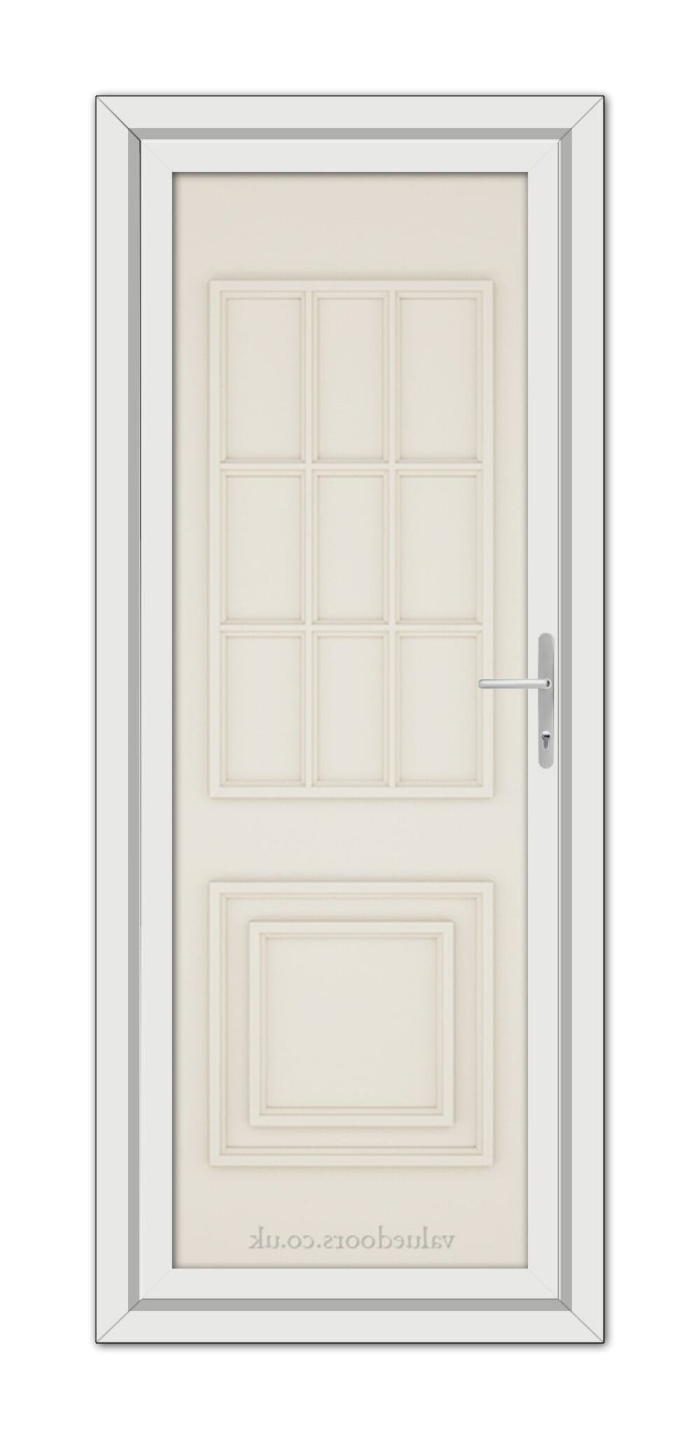 A vertical image of a closed, Cream Cambridge One Solid uPVC Door with a rectangular frame, featuring a silver handle on the right side and multiple panels.