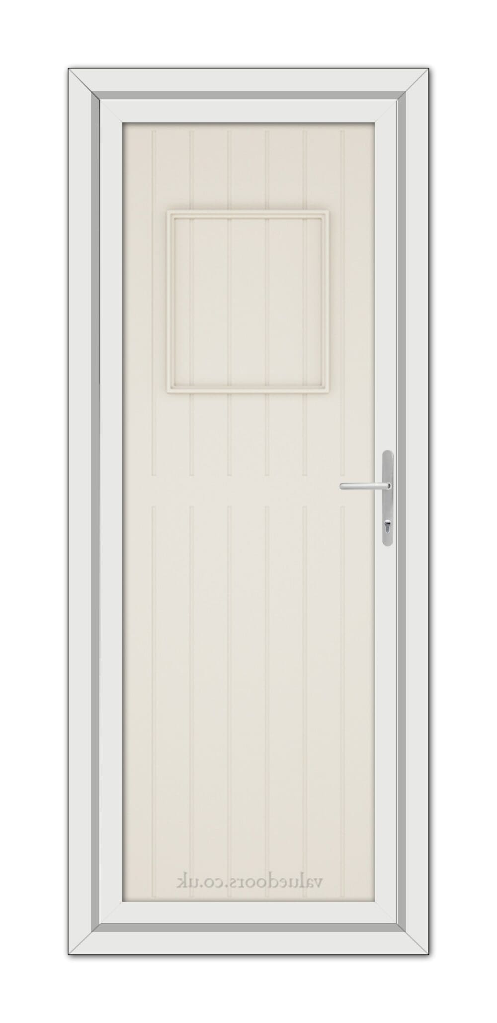 A modern Cream Chatsworth Solid uPVC Door with a rectangular frosted glass window at the top, framed by a gray border and featuring a metallic handle on the right side.