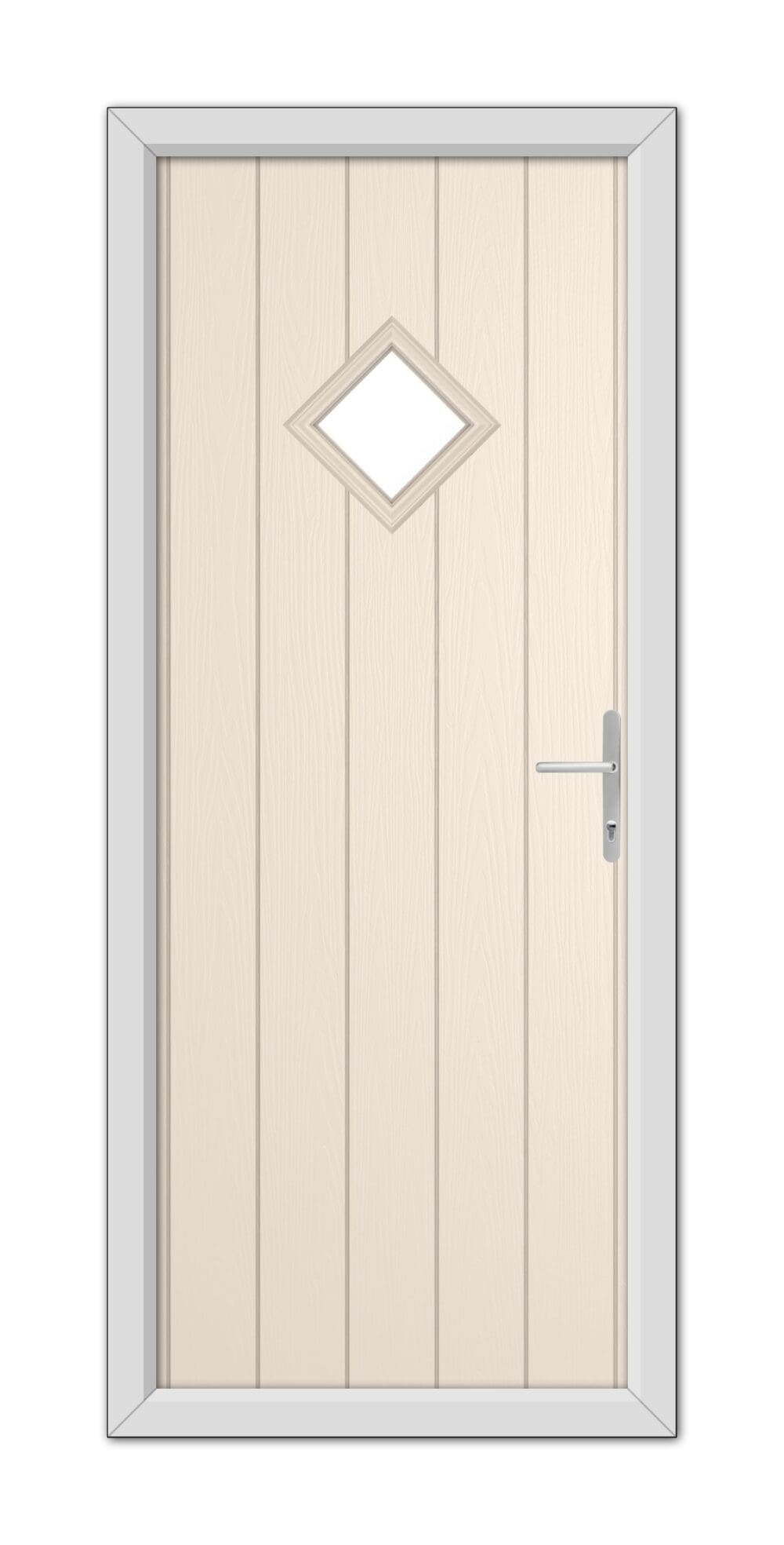 A Cream Cornwall Composite Door 48mm Timber Core with a diamond-shaped window and a modern handle, set within a gray frame.