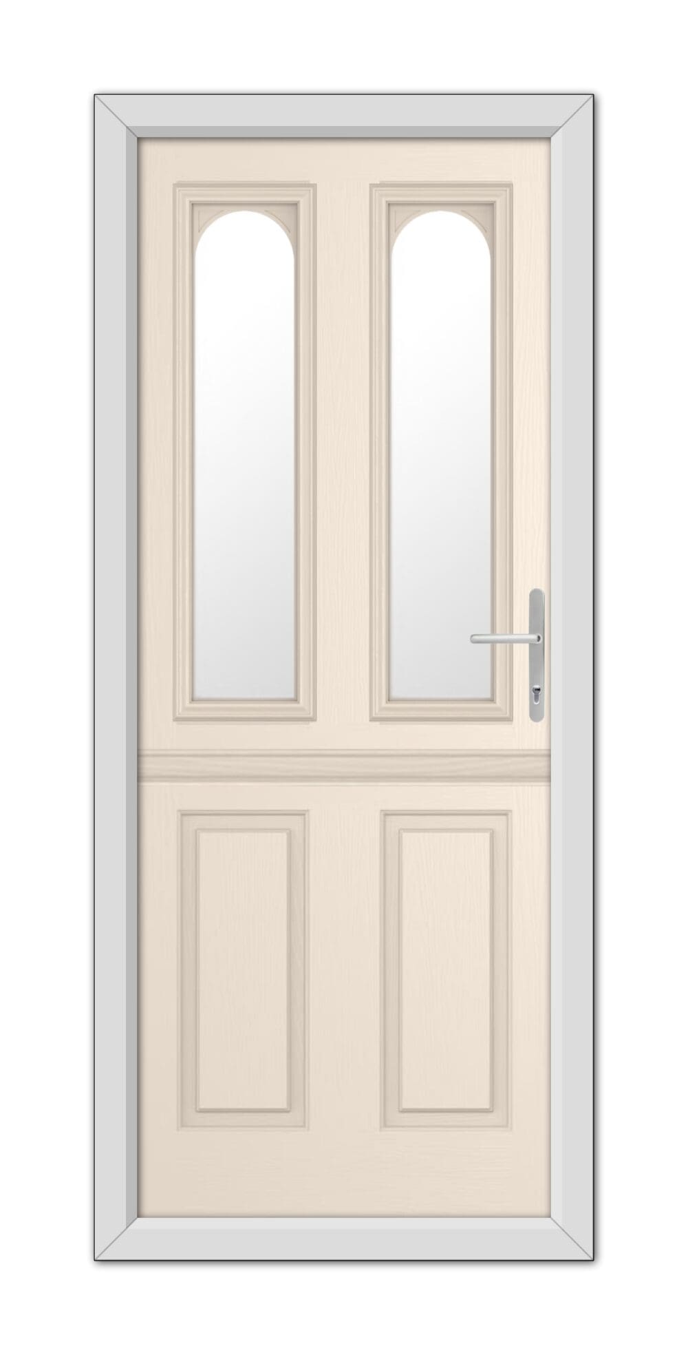 A modern Cream Elmhurst Stable Composite Door 48mm Timber Core with glass panels on the top half and wooden panels on the bottom, featuring a minimalist handle, set in a simple frame.