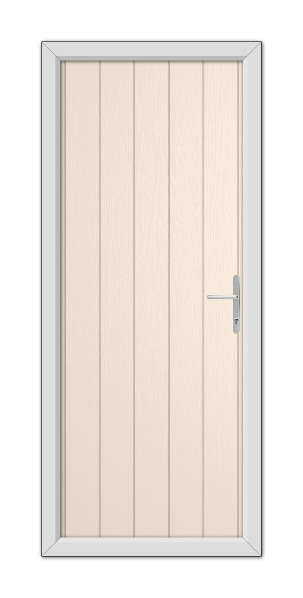 A Cream Gloucester Composite Door 48mm Timber Core with vertical panels and a silver handle, framed by a gray door frame, depicted against a white background.