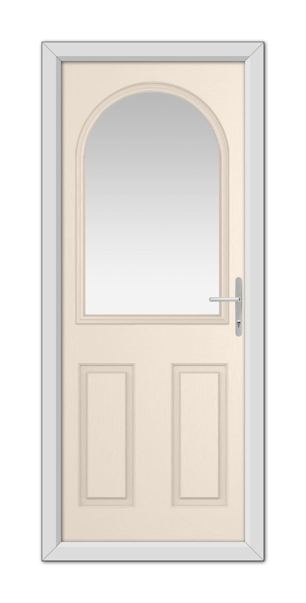 A Cream Grafton Composite Door 48mm Timber Core with an arched window at the top, a modern handle on the right, and a metal frame around it.