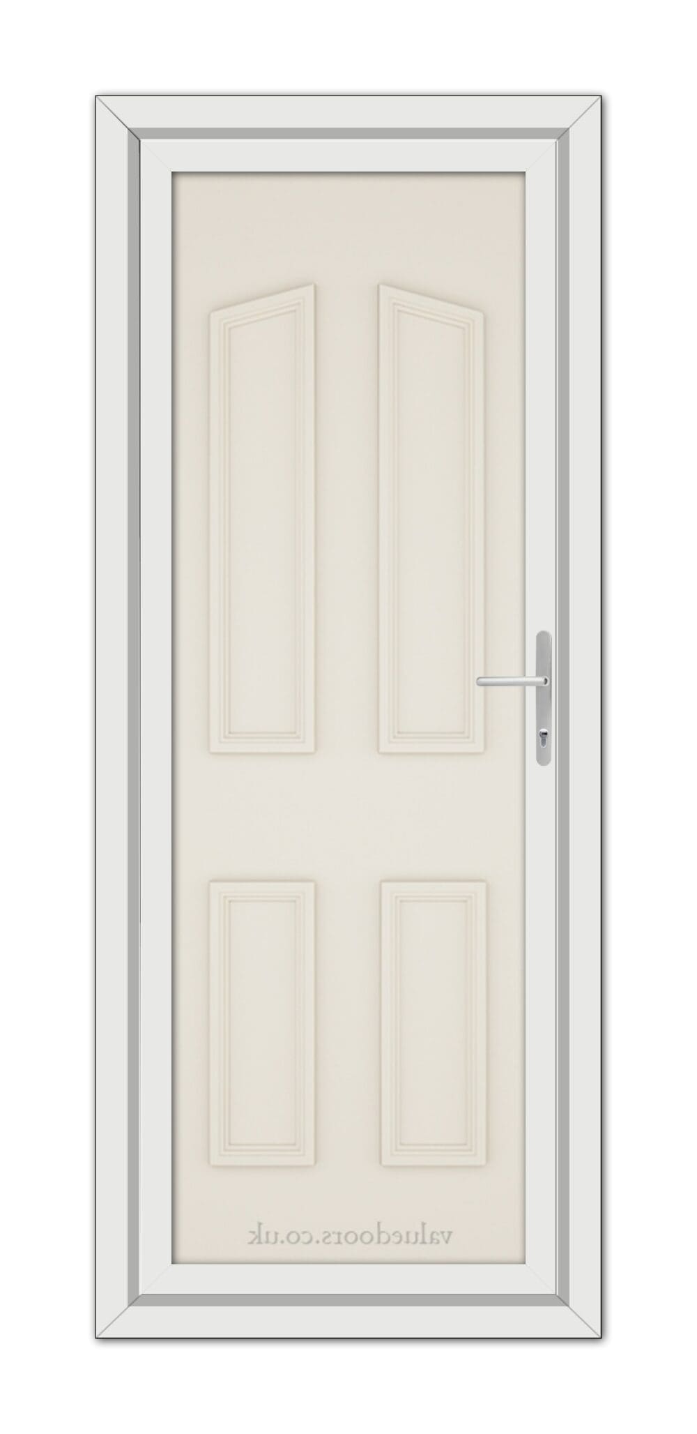 A vertical image of a closed Cream Kensington Solid uPVC Door with a silver handle, set within a light grey frame.