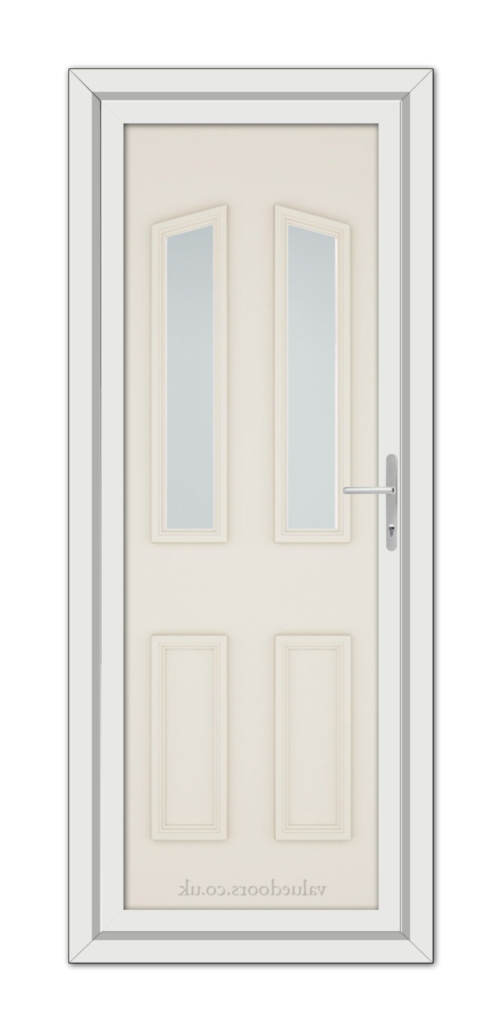 A modern, Cream Kensington uPVC door featuring two vertical glass panels and a metal handle, set within a simple frame.