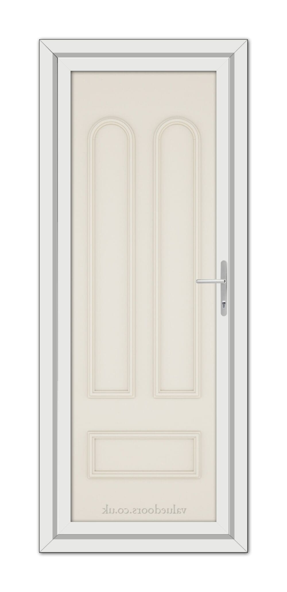 A vertical image of a Cream Madrid Solid uPVC Door with a modern handle, set within a frame, viewed from the front.