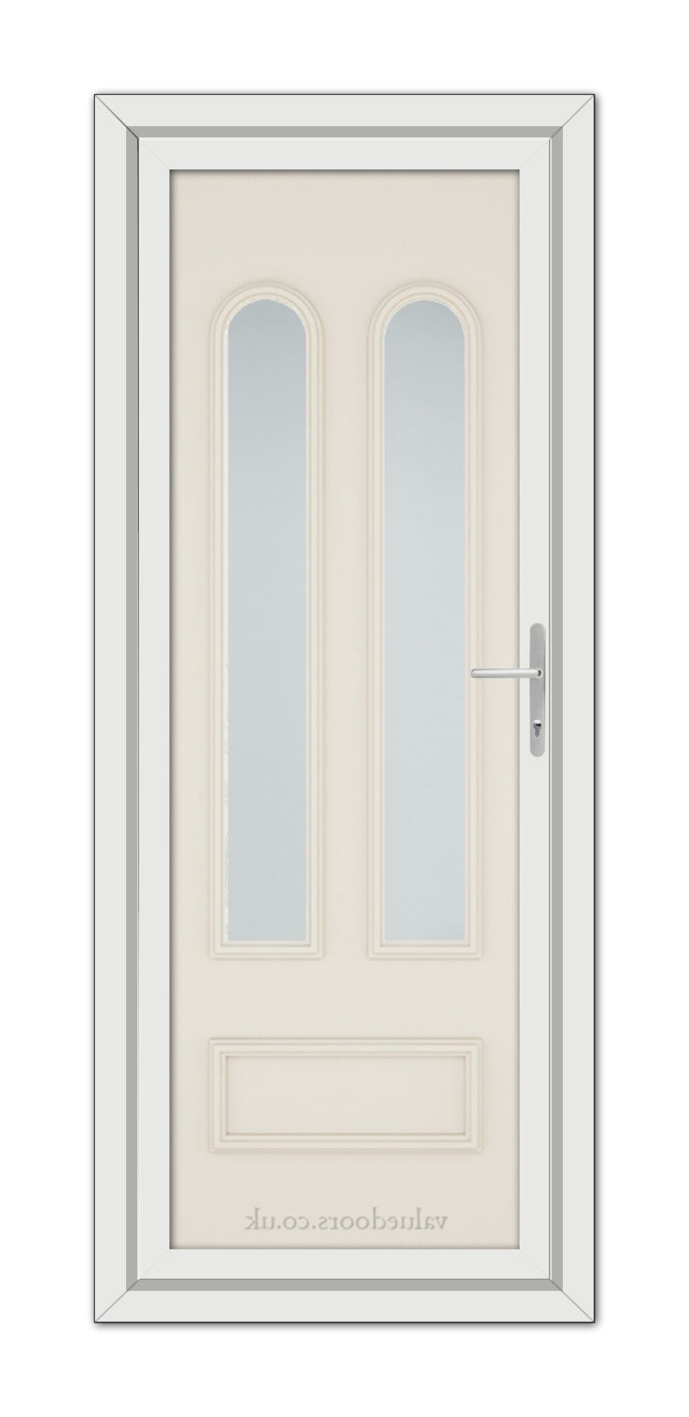 A Cream Madrid uPVC Door with a vertical handle and two narrow, frosted glass panels.