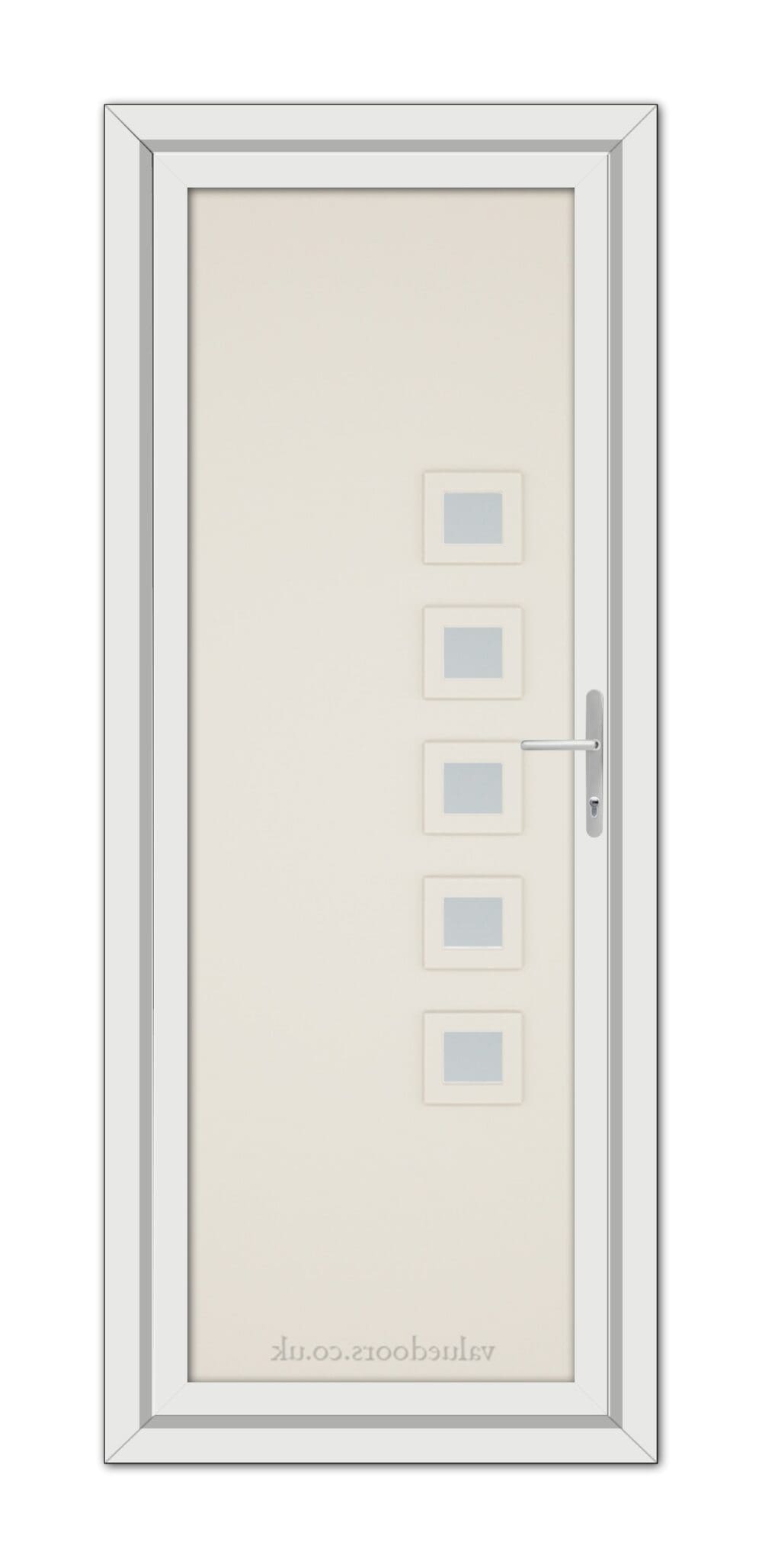 Sentence with product name: Vertical image of a closed Cream Malaga uPVC door with a modern handle and five small square windows aligned vertically on the left side, within a silver frame.