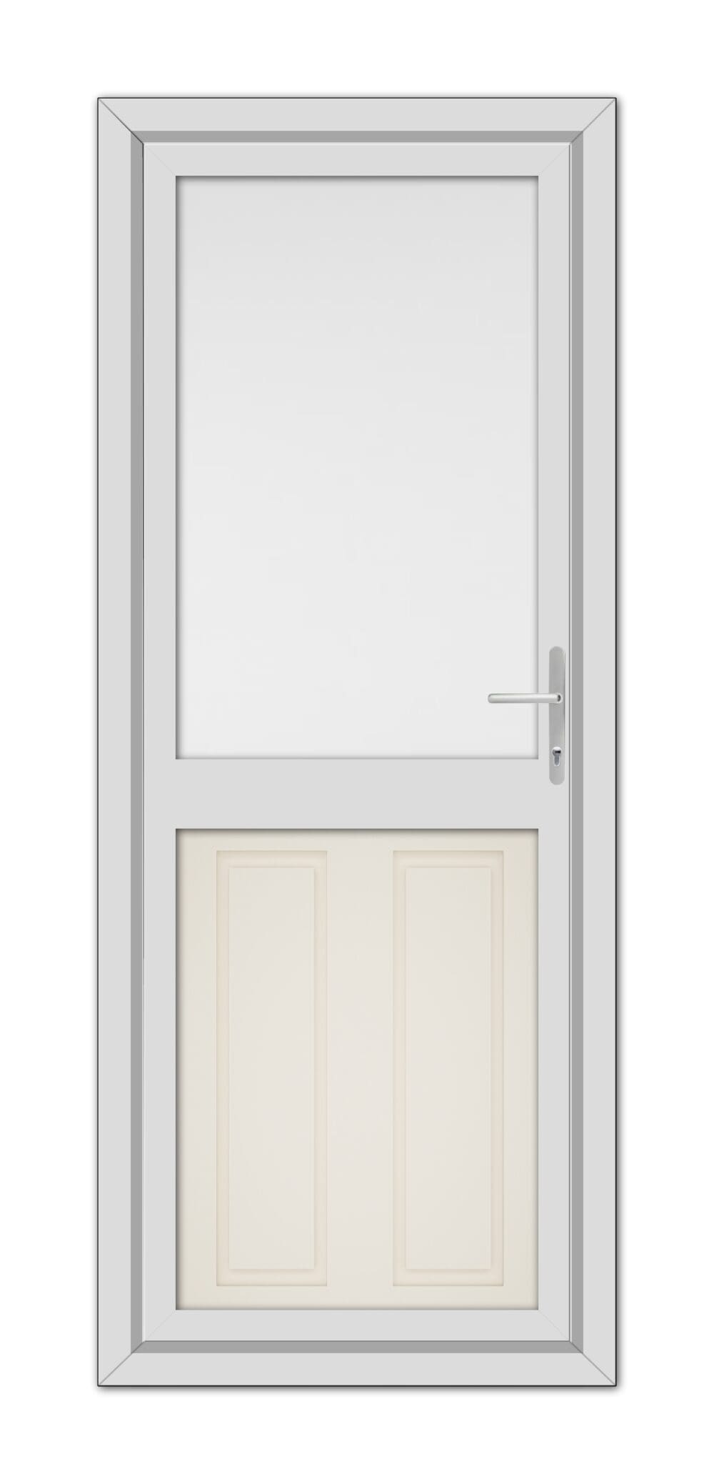 A Cream Manor Half uPVC Back Door with a small square window at the top, featuring a silver handle on the right, set within a gray frame.