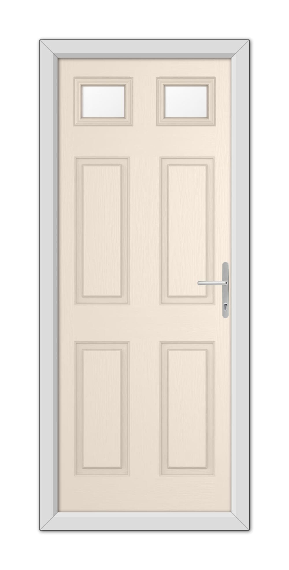 A modern Cream Middleton Glazed 2 Composite Door 48mm Timber Core with six panels and a metallic handle, set within a grey frame.