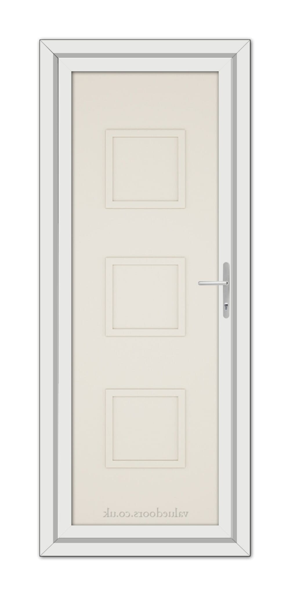 A vertical image of a closed Cream Modern 5013 Solid uPVC door with a silver handle and three rectangular panels, displayed against a white background.